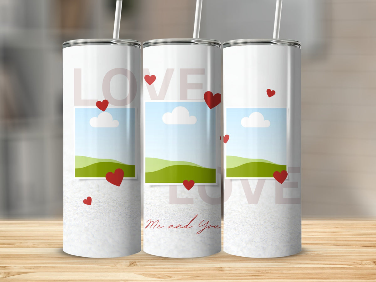 Three tumblers with "LOVE" and "Me and You" text, surrounded by red hearts.