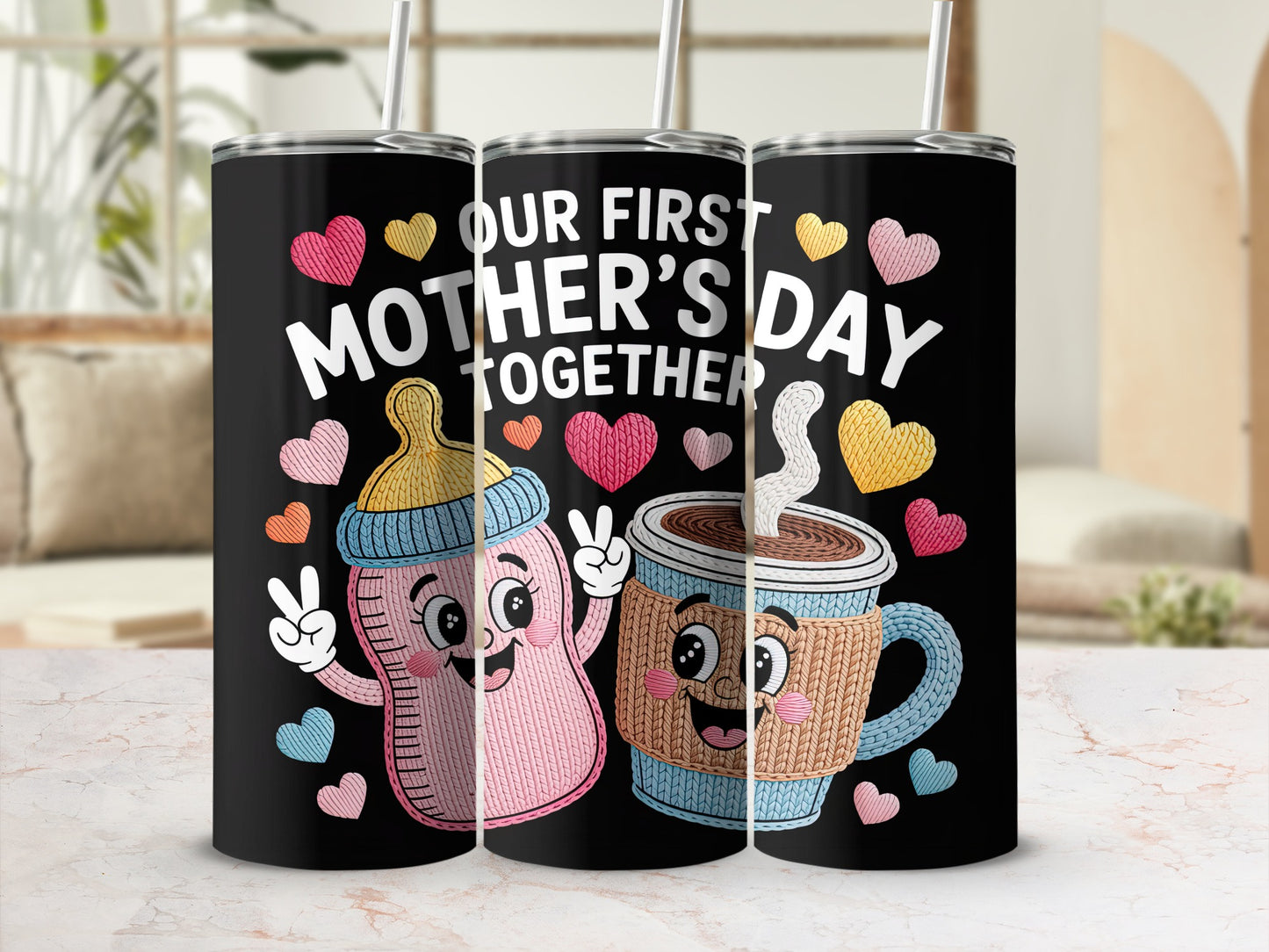 Baby bottle and coffee mug with "Our First Mother's Day Together" text.