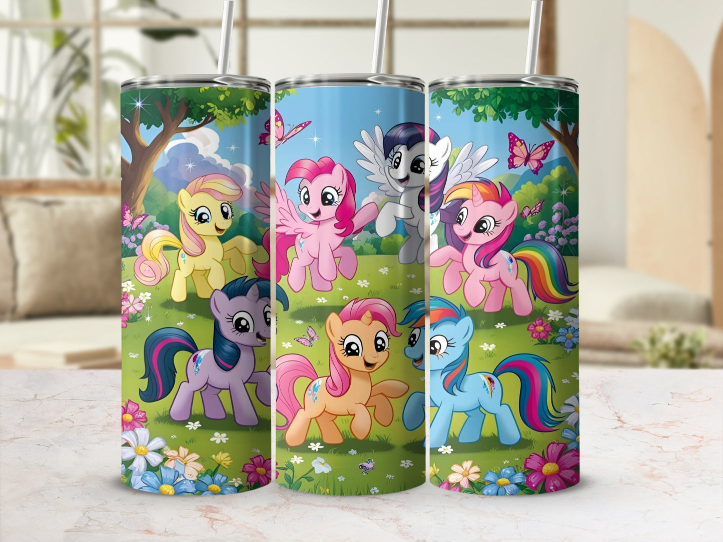 My Little Pony characters in a colorful meadow scene with flowers and butterflies.