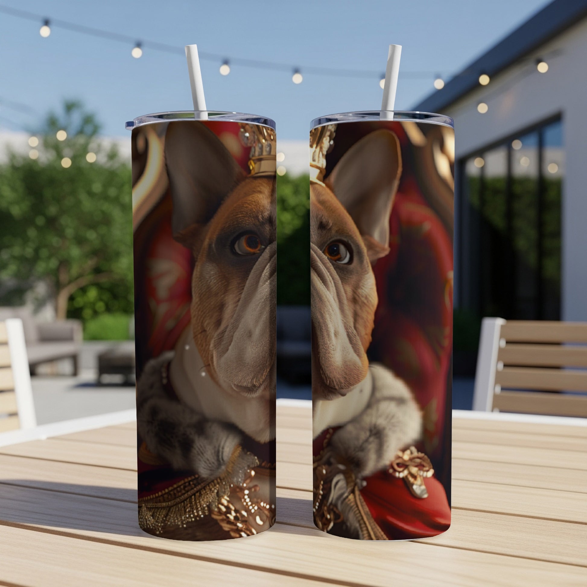 French bulldog wearing a crown and royal attire on a tumbler.