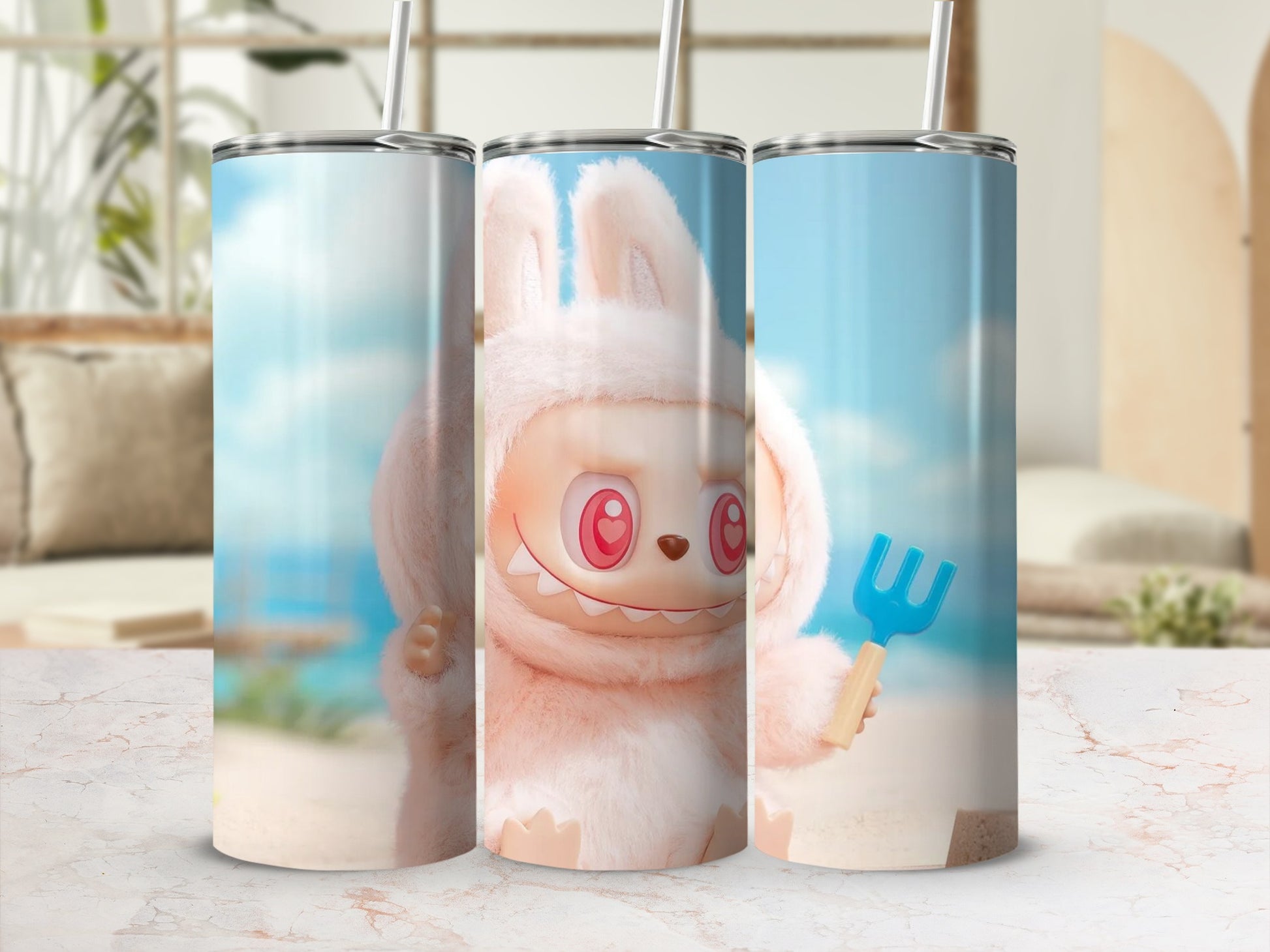 Cute Beach Bunny Character Tumbler with Straw Flask