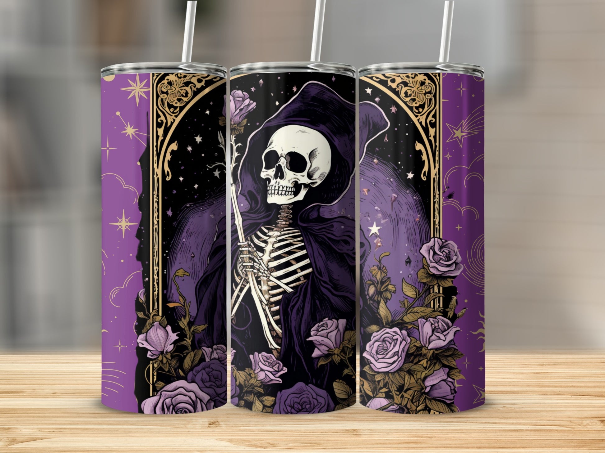 Gothic Skeleton with Purple Roses Tumbler Cup