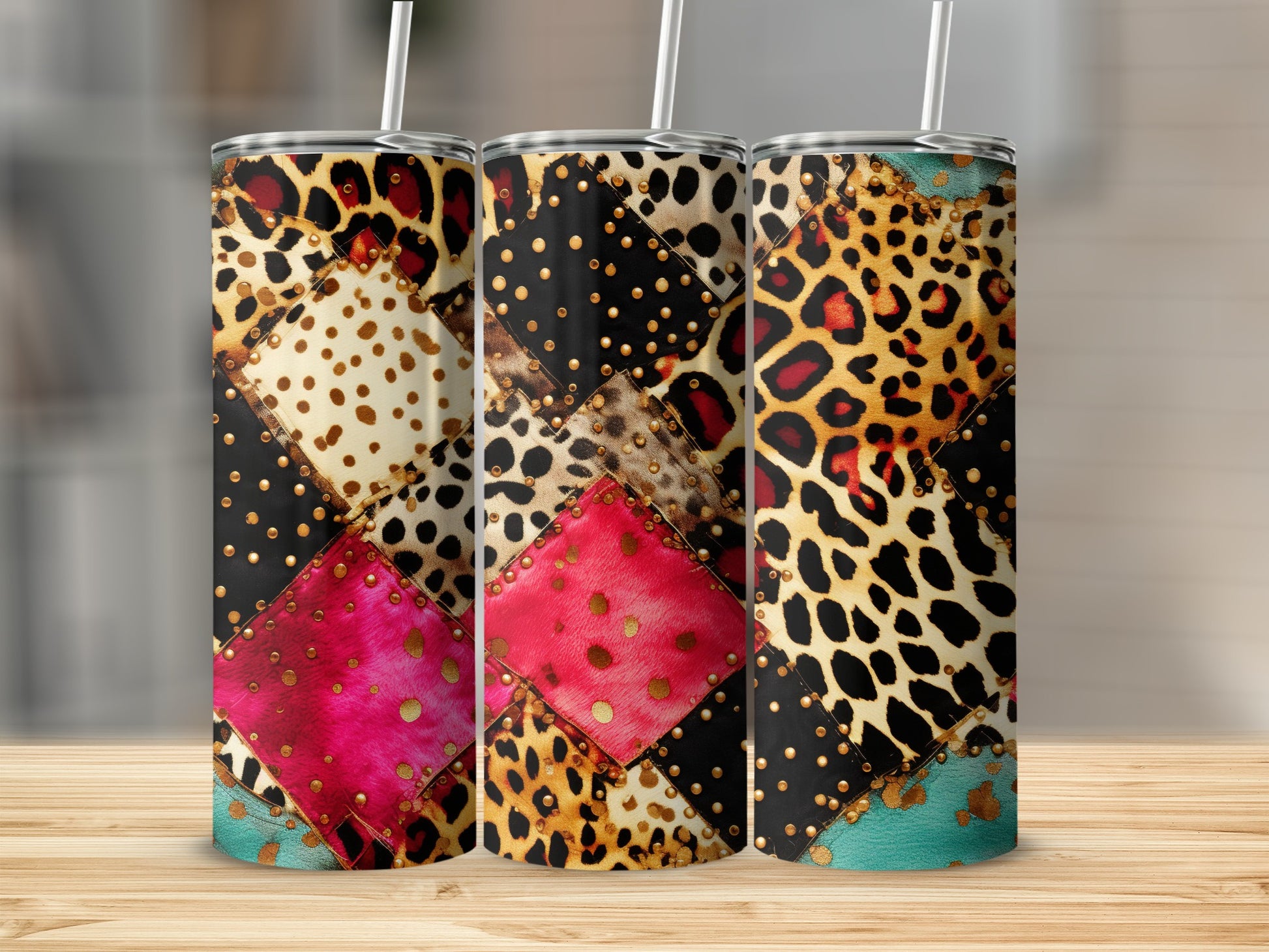 Three tall tumblers with leopard print, metallic squares, and gold studs.