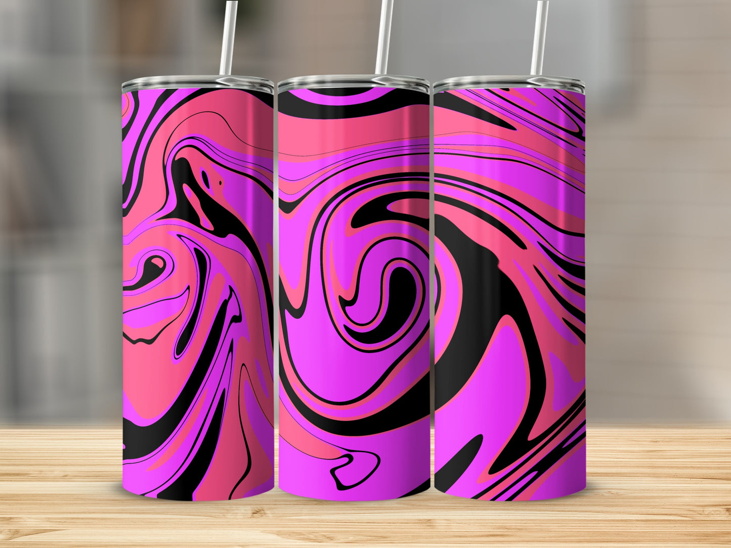 Vibrant abstract pink and black swirl tumbler product