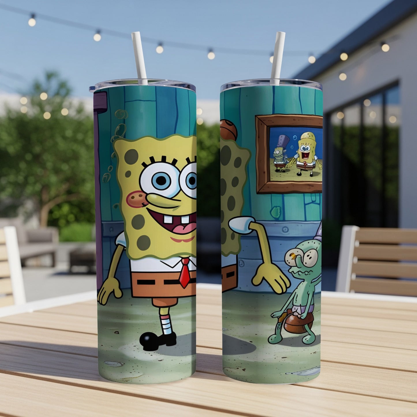 SpongeBob SquarePants and Squidward on a tumbler.