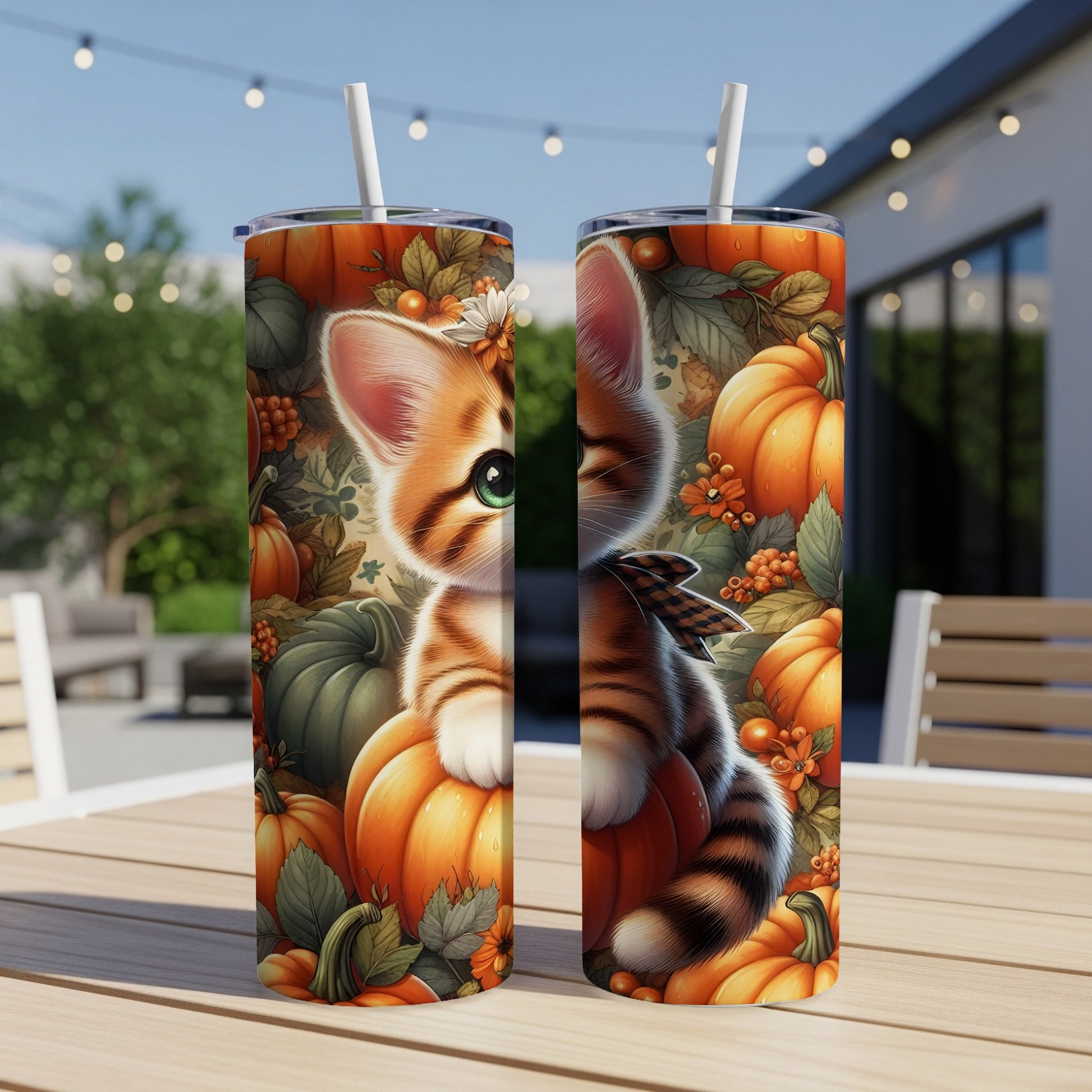 Cute kitten peeking from behind pumpkins on a fall-themed tumbler.