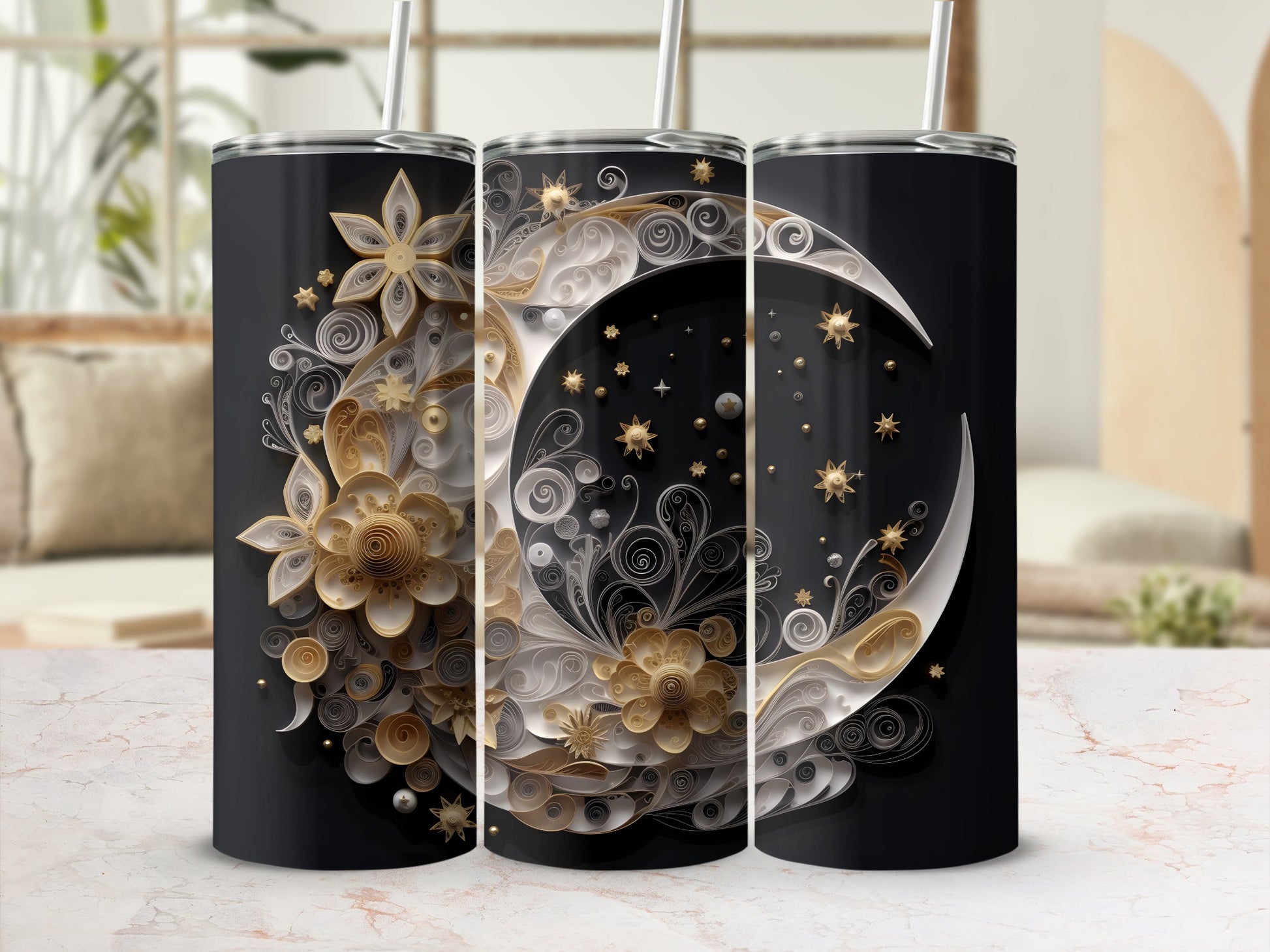 Black tumbler with gold and silver celestial moon and floral design.