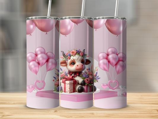 Cute Festive Cow and Balloons Skinny Tumbler Design