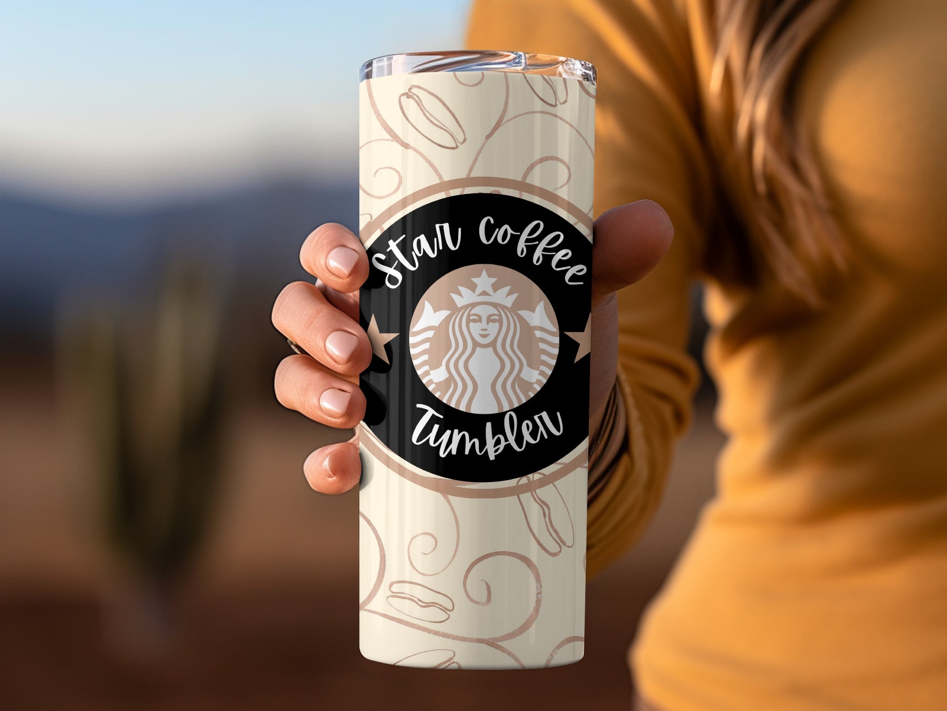 Beige Star Coffee Tumbler with Swirl and Star Design