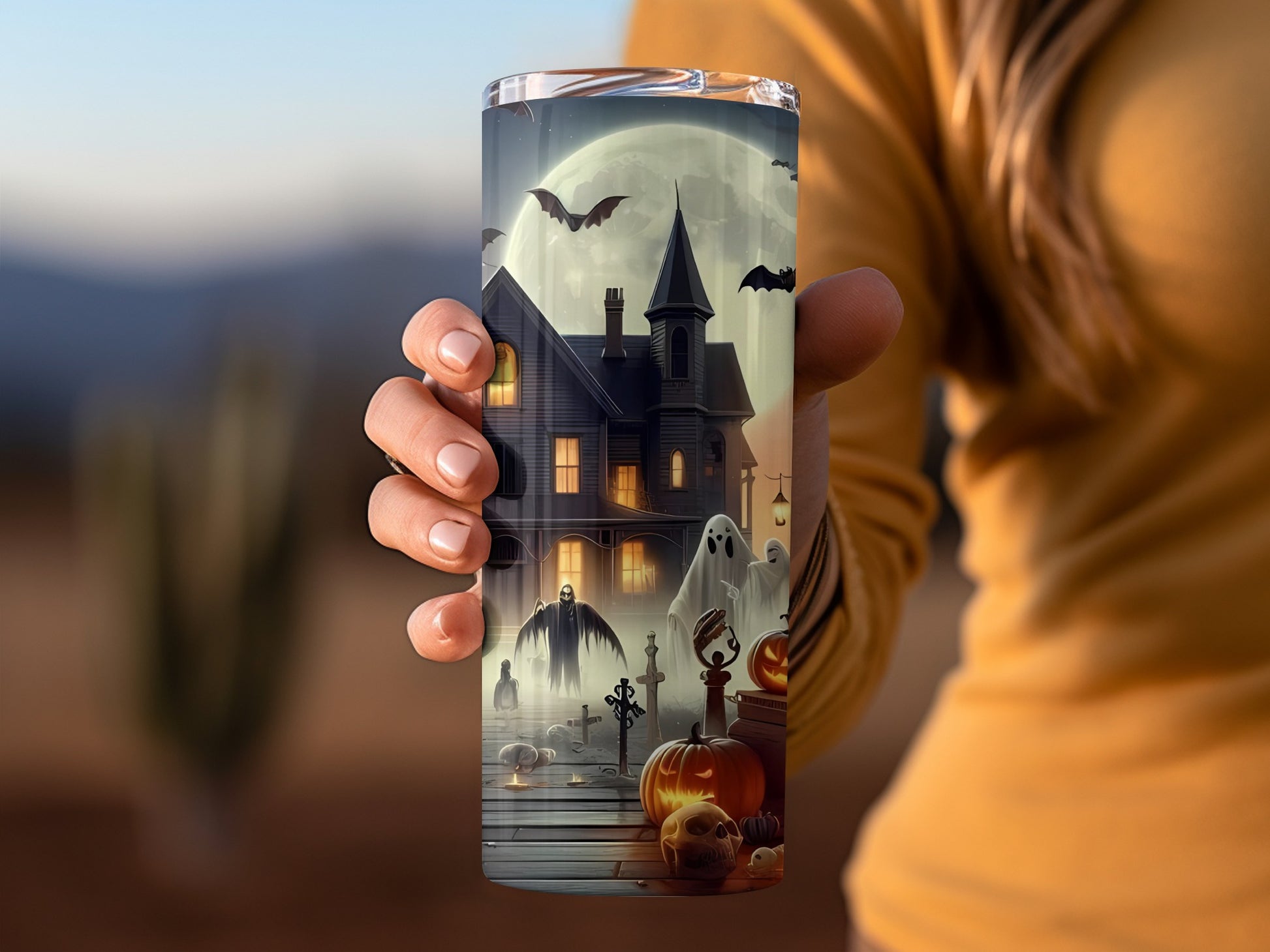 Haunted House Full Moon Halloween Tumbler Cup Design