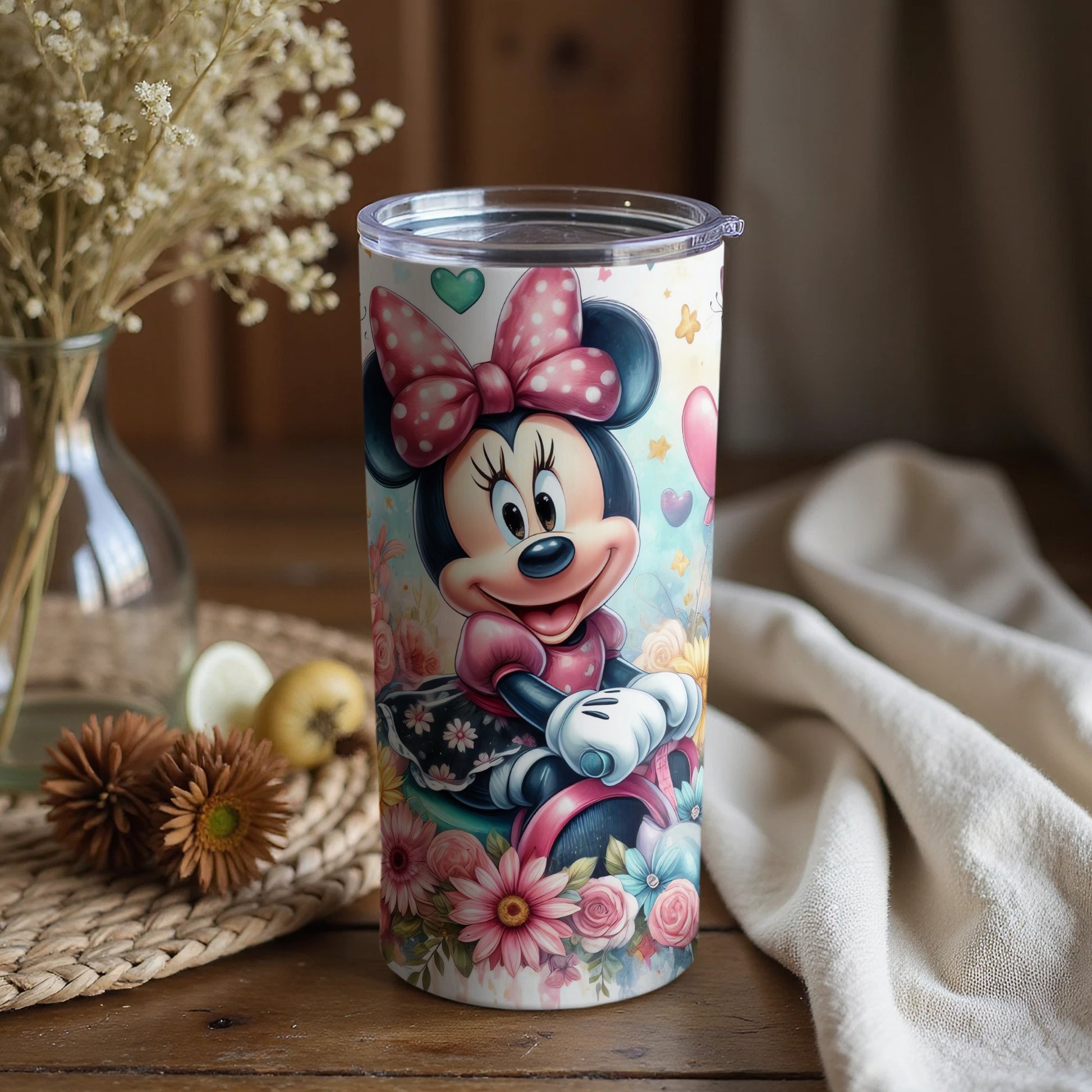 Floral Minnie Mouse Design Tumbler with Decorative Art