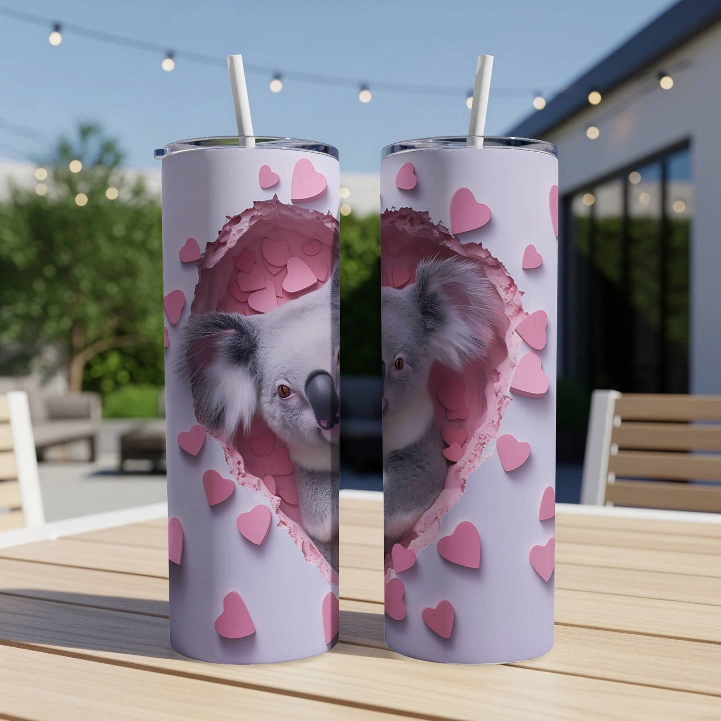 Cute koala peeking through a heart-shaped hole surrounded by pink hearts.