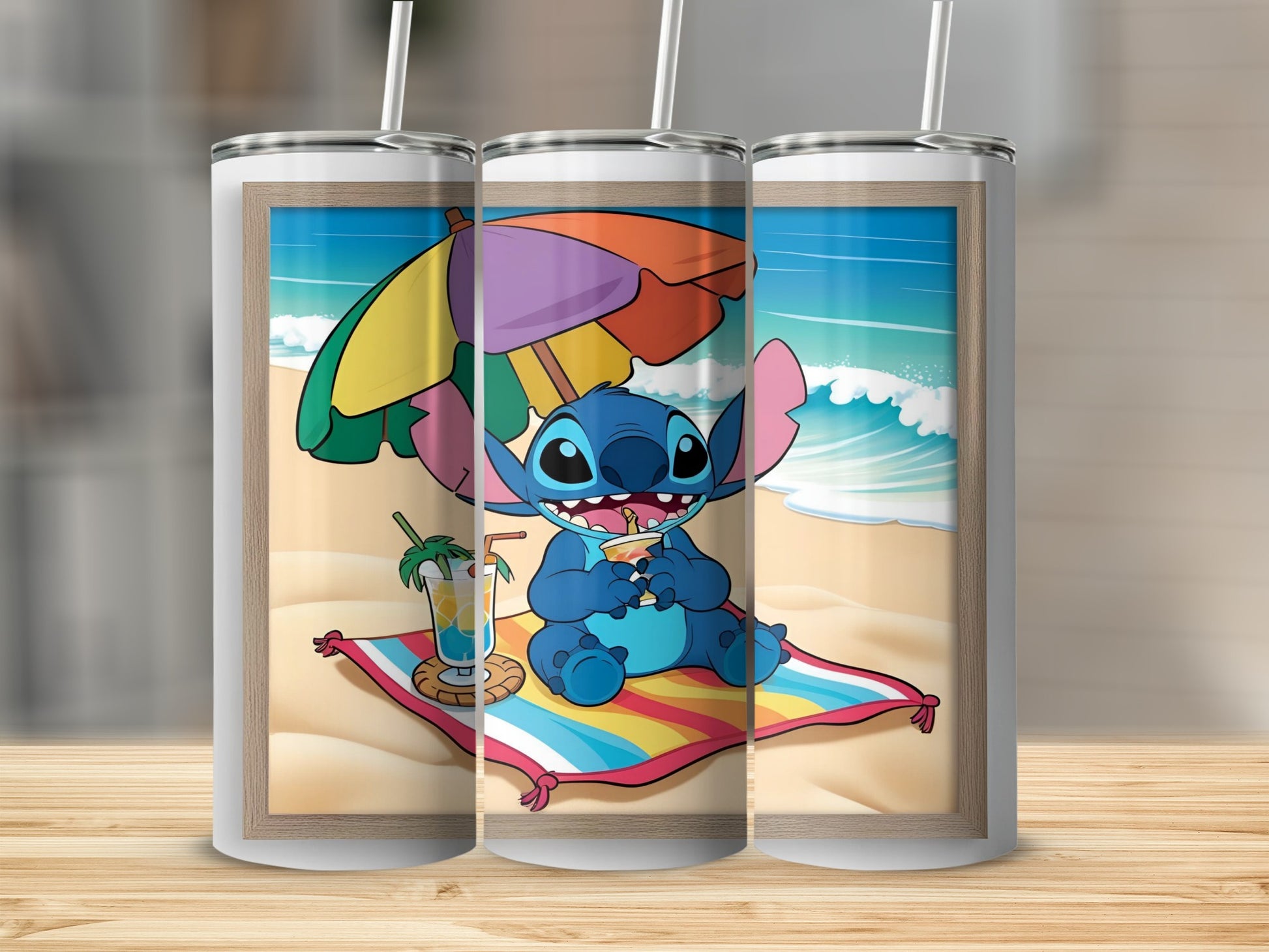 Stitch character sitting on a beach towel with a drink.