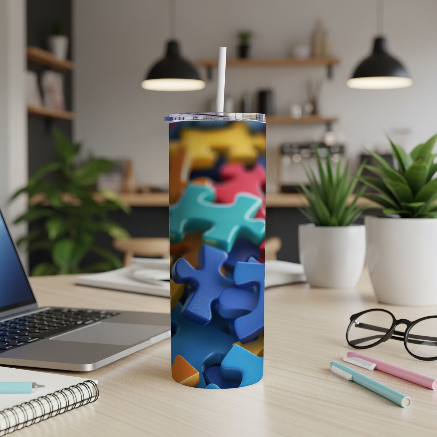 Tumbler with colorful puzzle pieces pattern on a desk with laptop and pens.