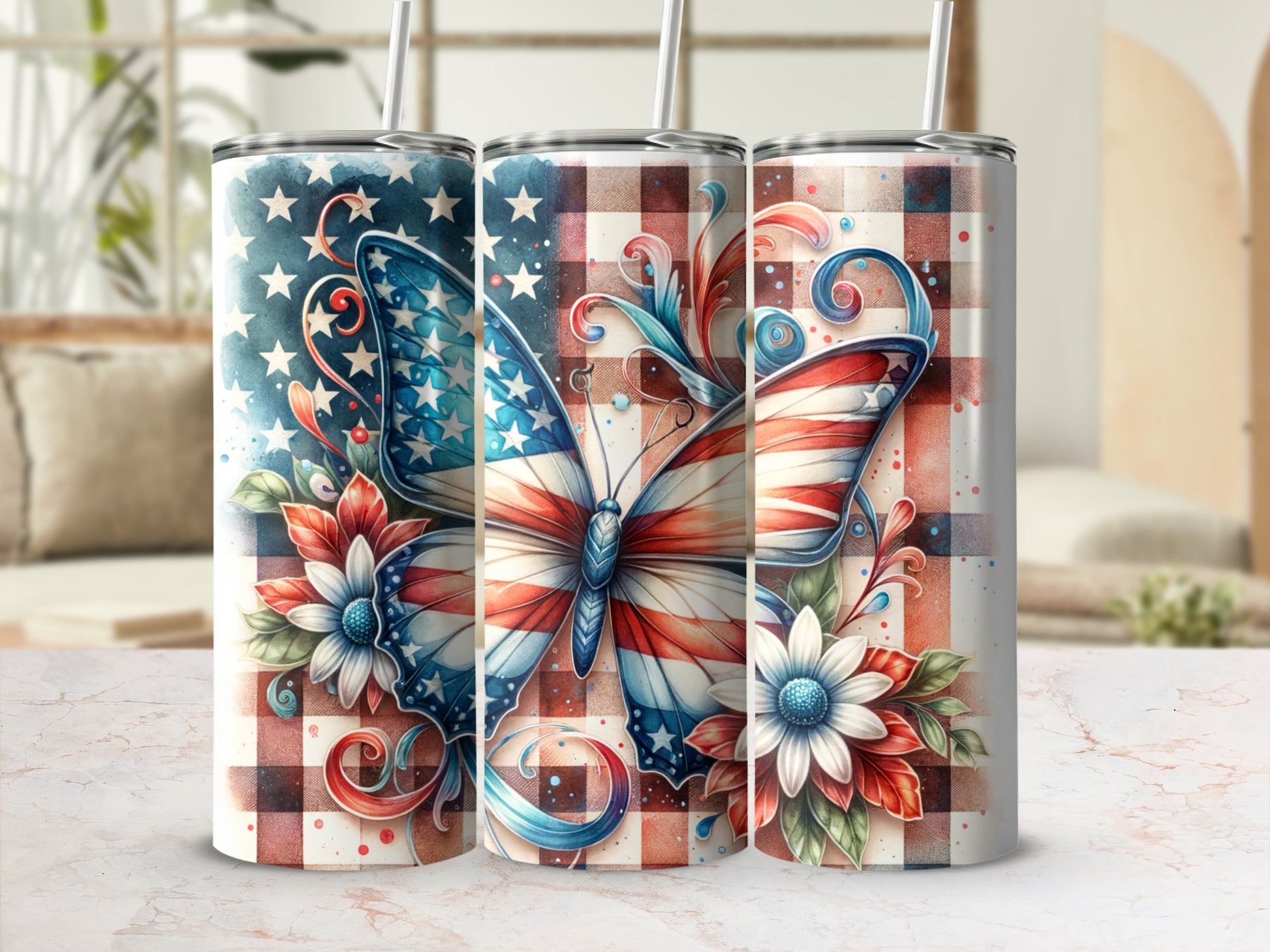 Three tumblers with patriotic butterfly and floral designs on plaid backgrounds.