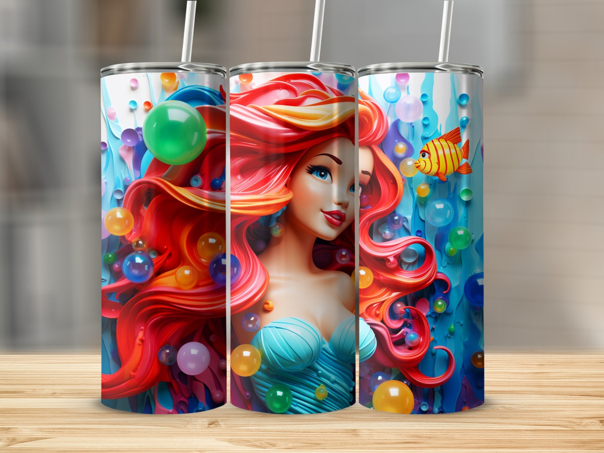 Colorful Mermaid Design Tumbler with Bubbles and Fish