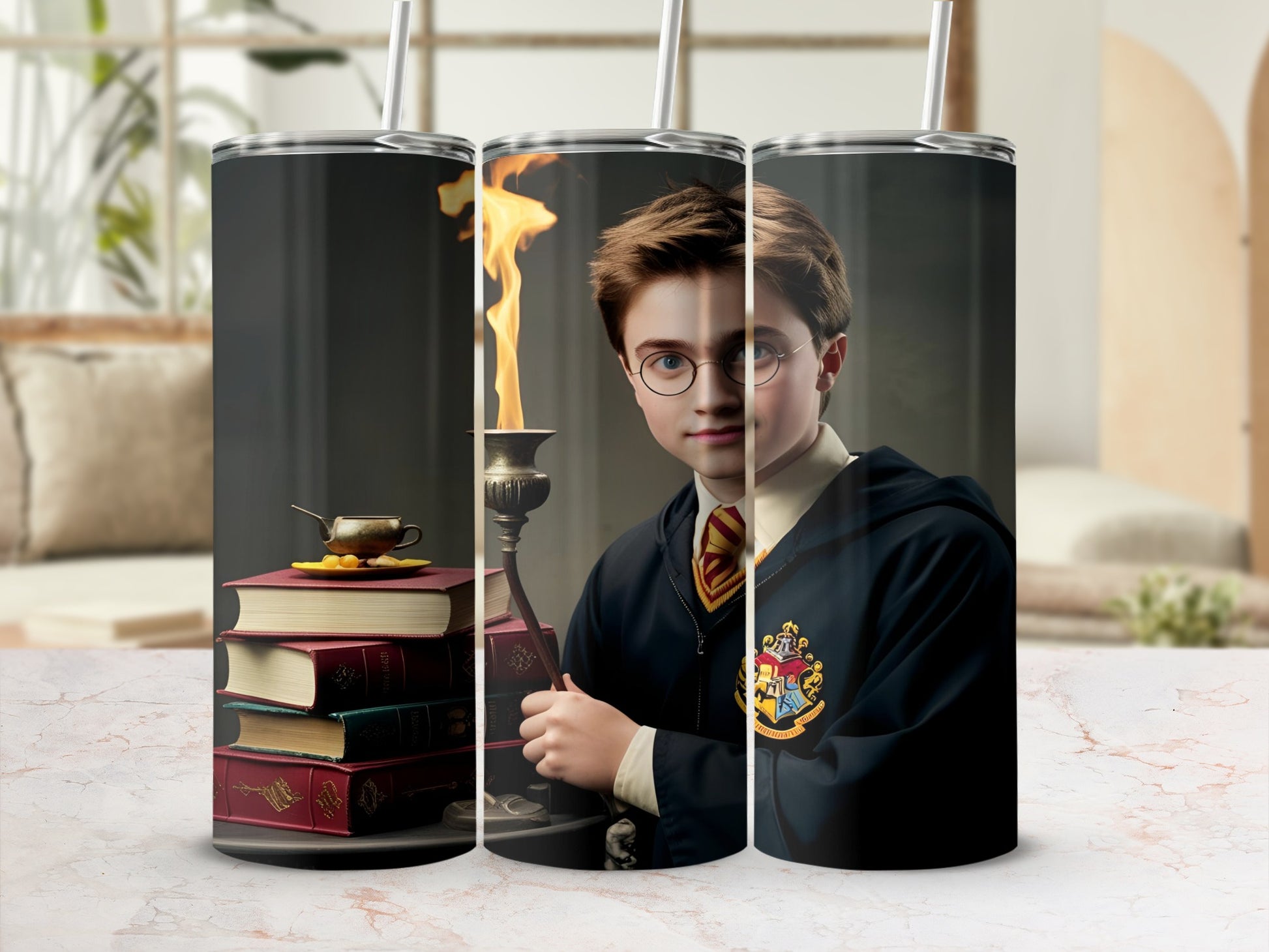 Harry Potter in Hogwarts robes holding a lit candle next to stacked books.