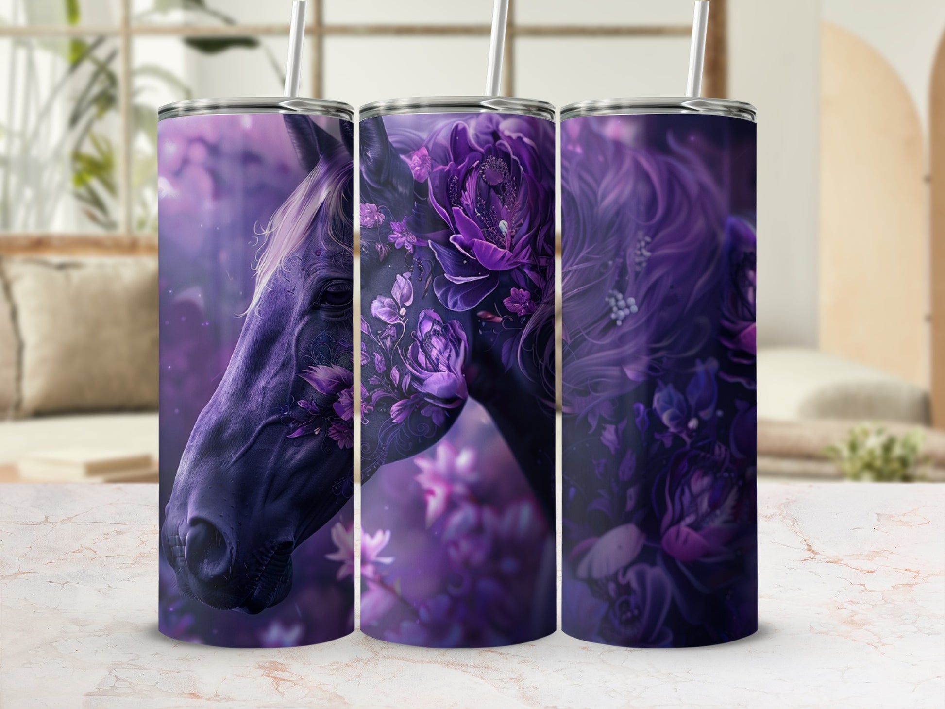 Purple horse head adorned with flowers on a tumbler.