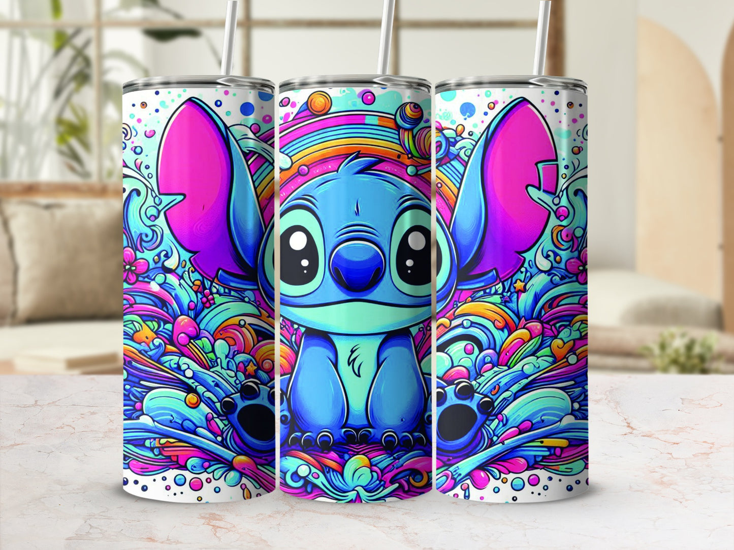 Triptych of a stylized Stitch character on a colorful, abstract background.