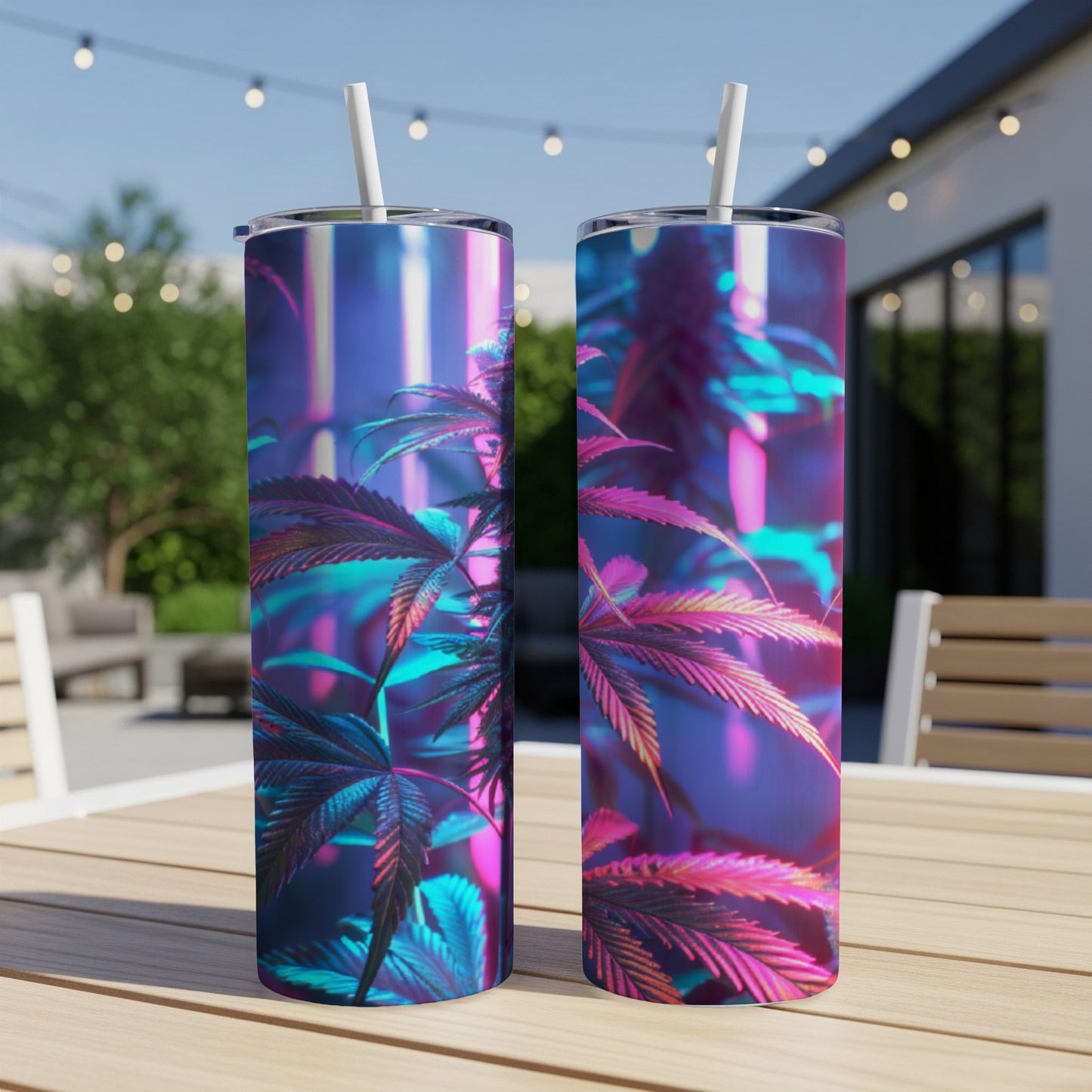 Two tumblers with neon pink and blue cannabis leaf design.