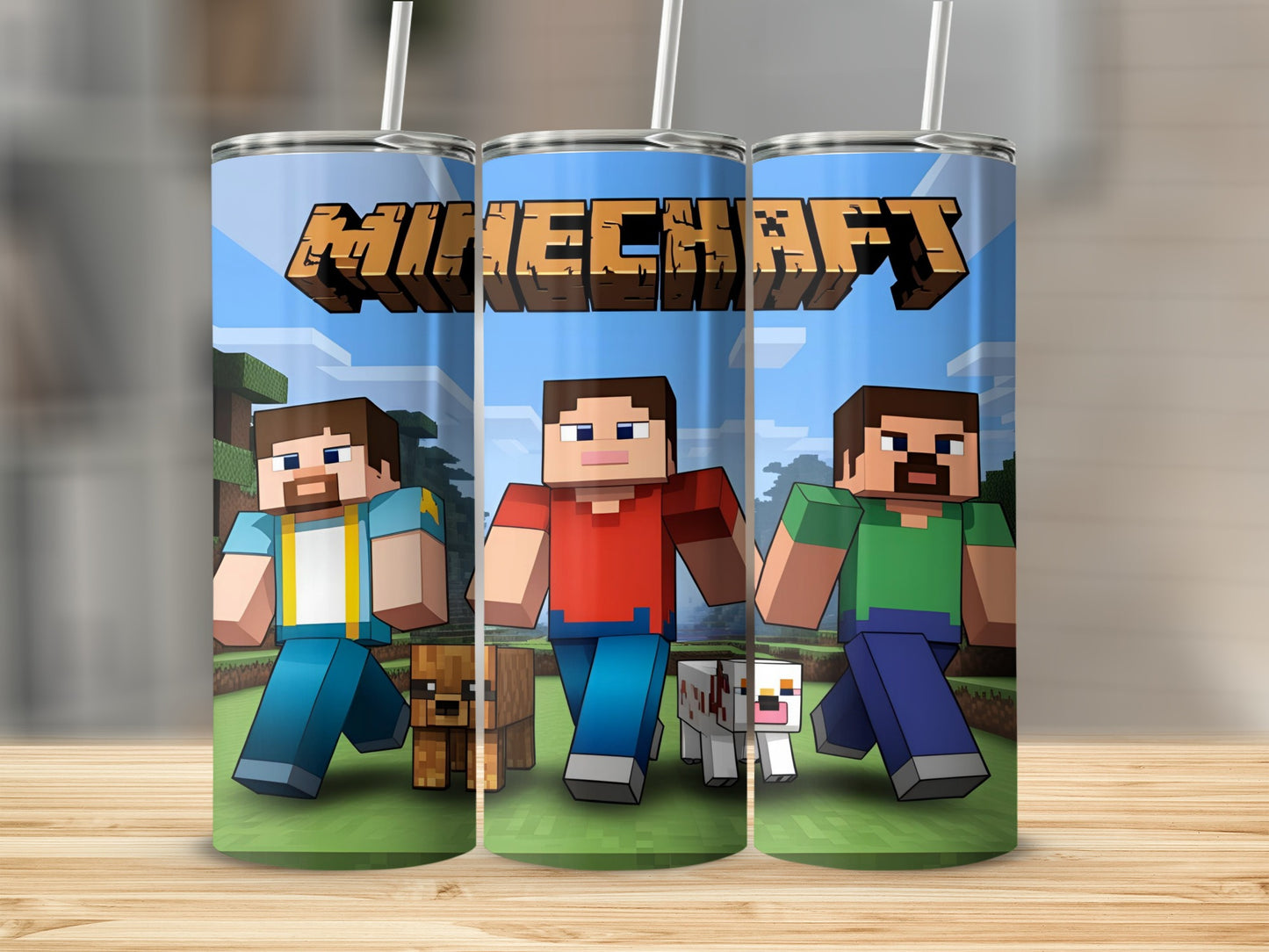 Minecraft characters Steve, Alex, and two dogs on a tumbler.