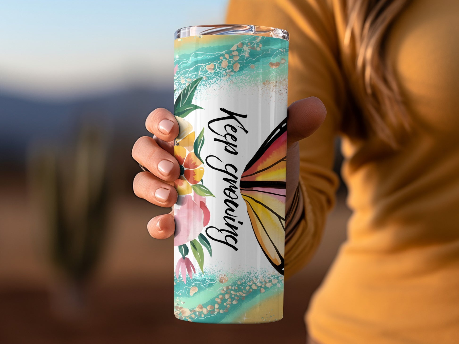 Keep Growing Floral Butterfly Motivational Tumbler