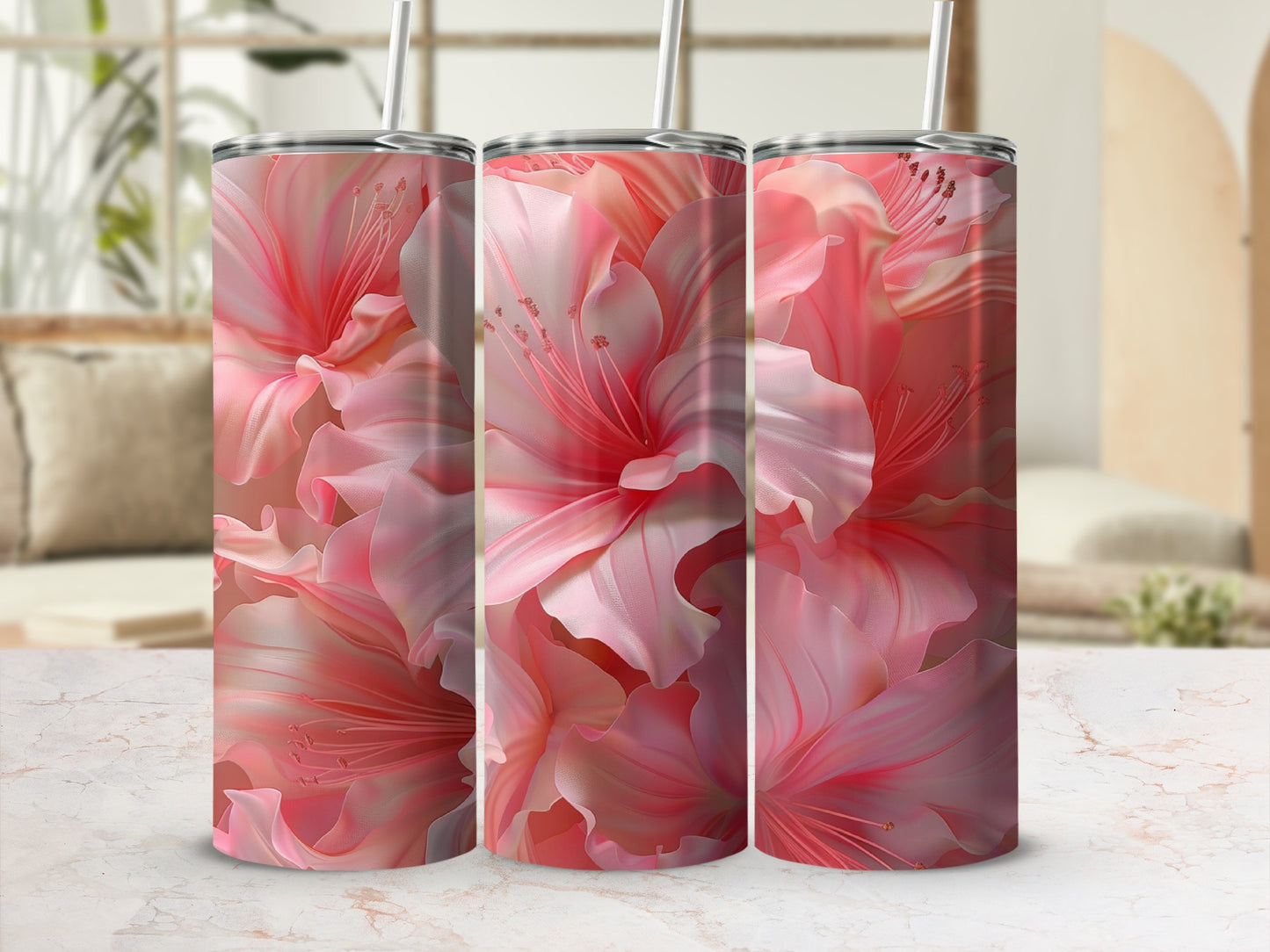 Three tumblers with a close-up floral pattern of pink flowers.