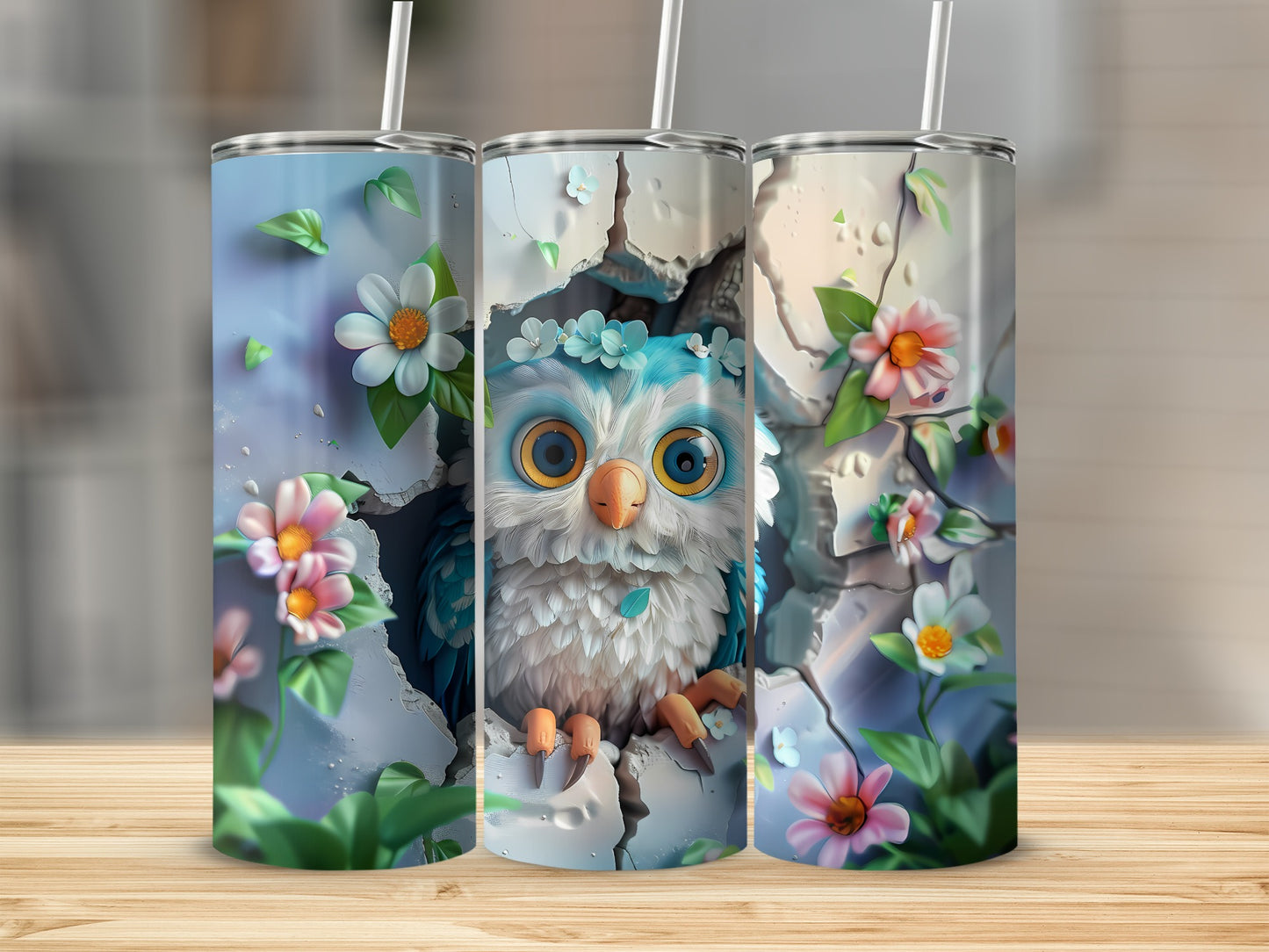 Cute owl with flowers emerging from cracked wall design on three tumblers.