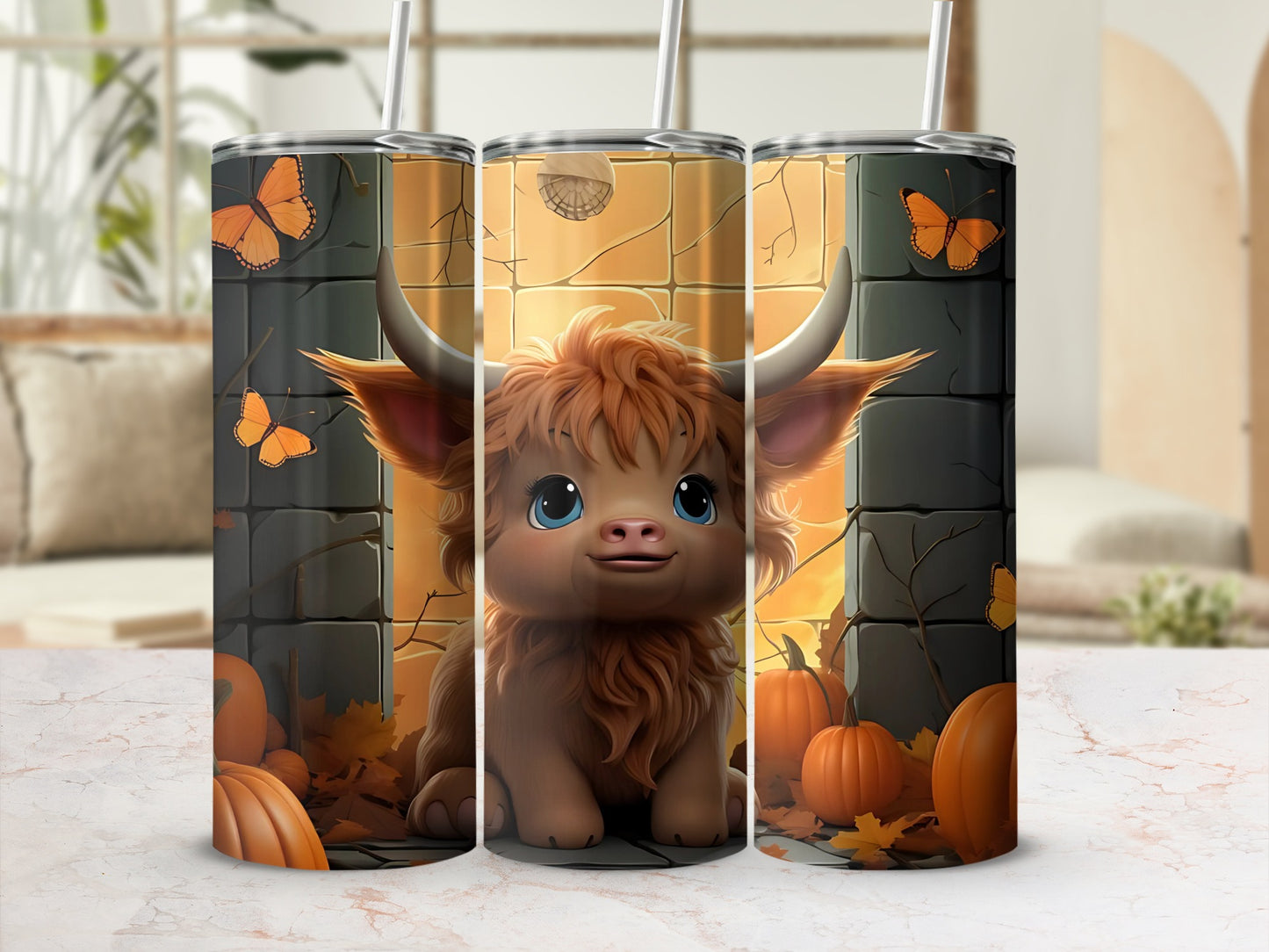 Cute Highland Cow with Pumpkins and Butterflies Tumbler
