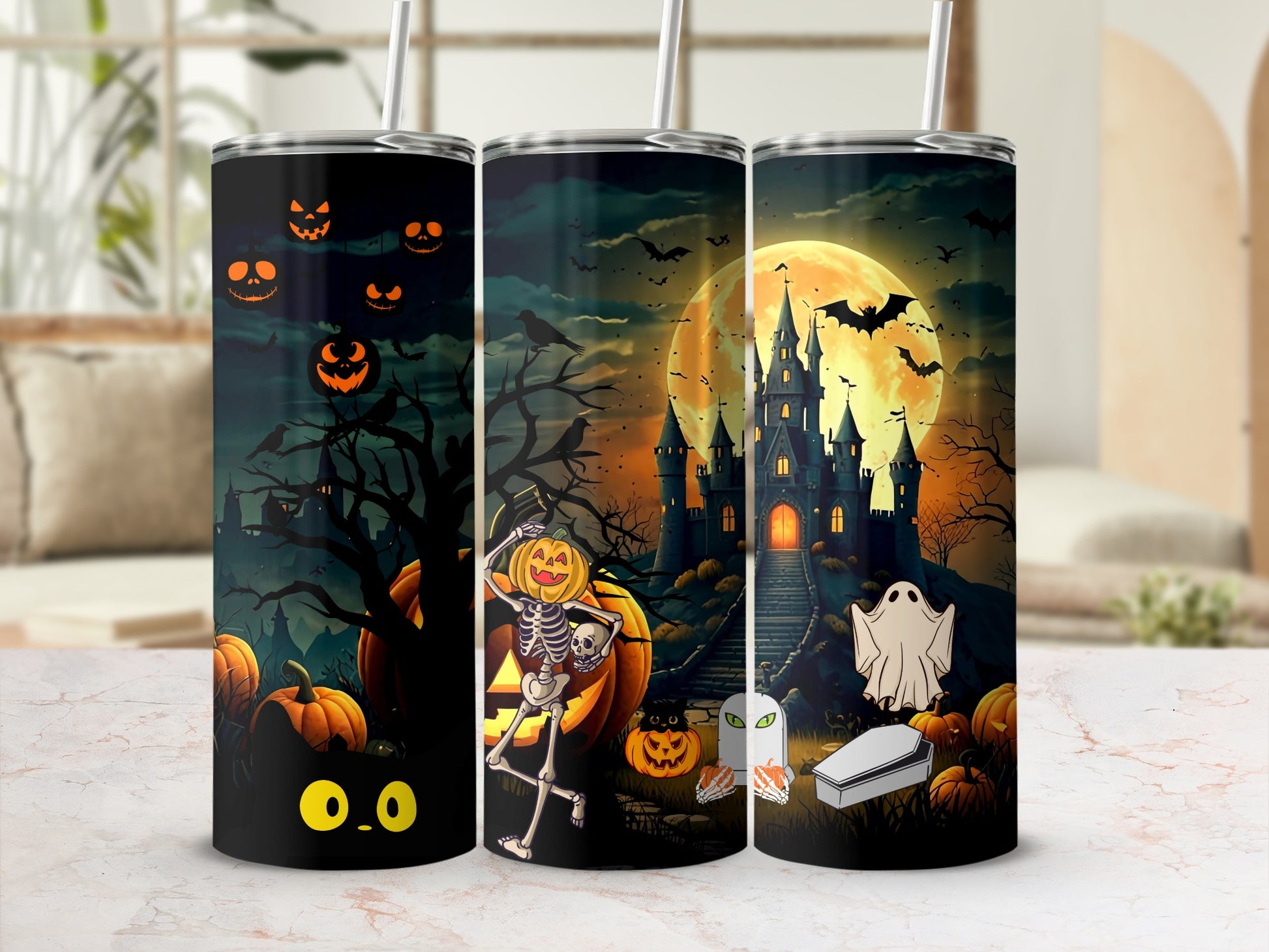 Spooky Halloween Scenes with Pumpkins and Ghosts tumbler