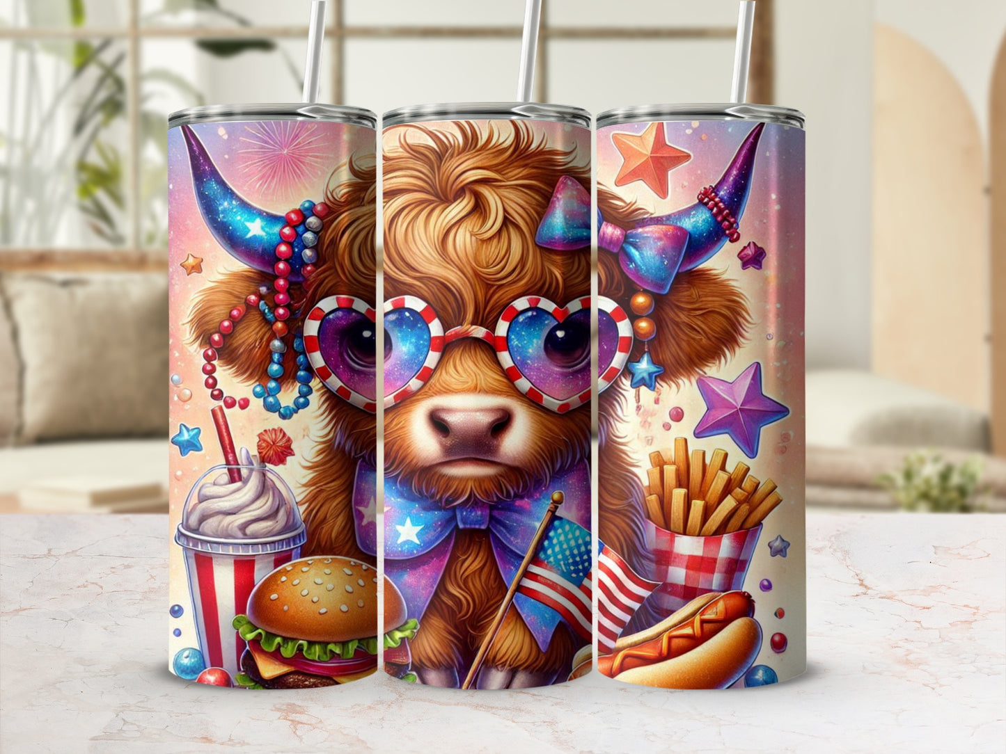 Cow with patriotic sunglasses and fast food items on a tumbler.