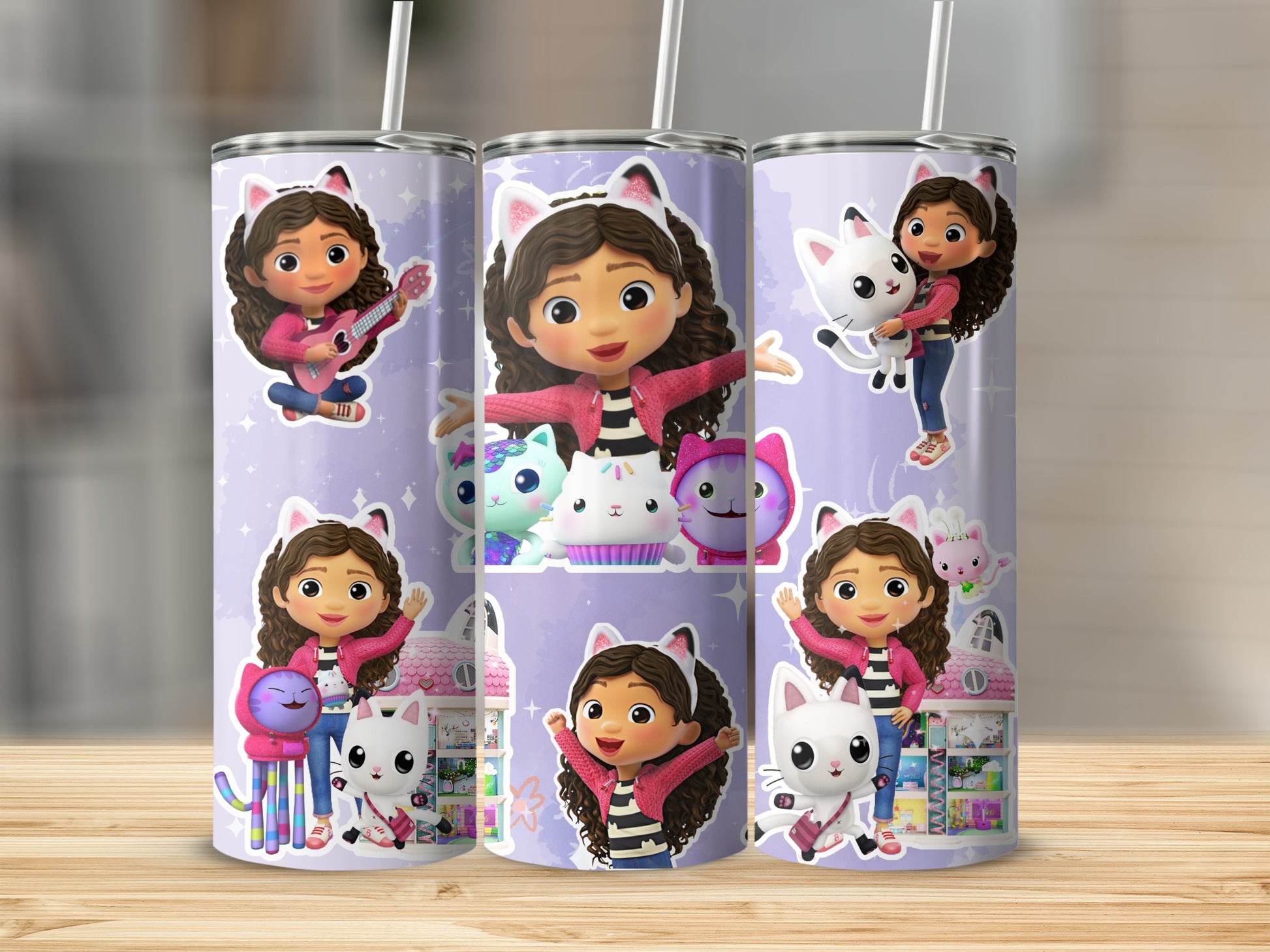 Cartoon Character with Cats on Purple Kids Tumbler Cup