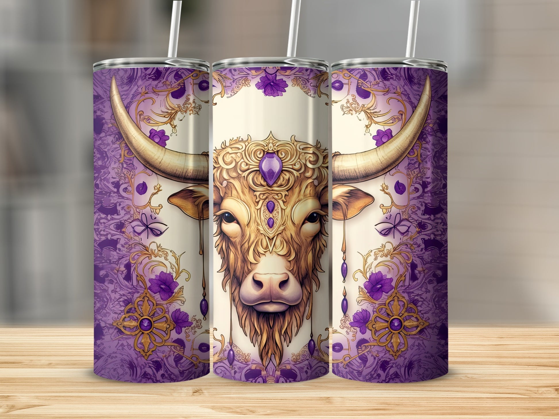 Taurus bull face with ornate gold, purple, and crystal accents on a tumbler.