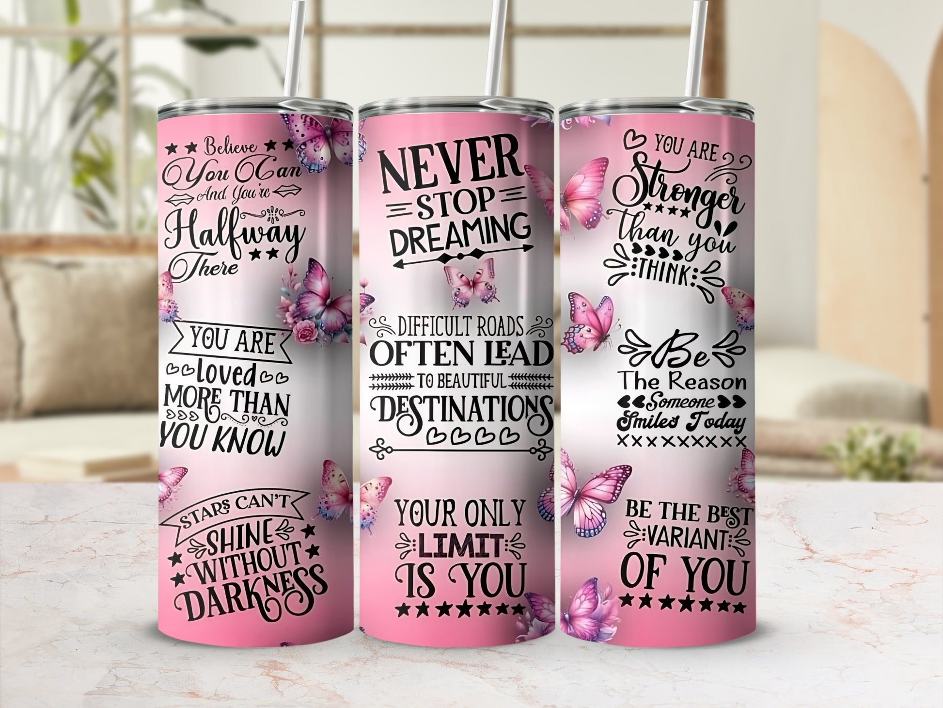 Inspirational Quote Tumblers with Butterfly Designs
