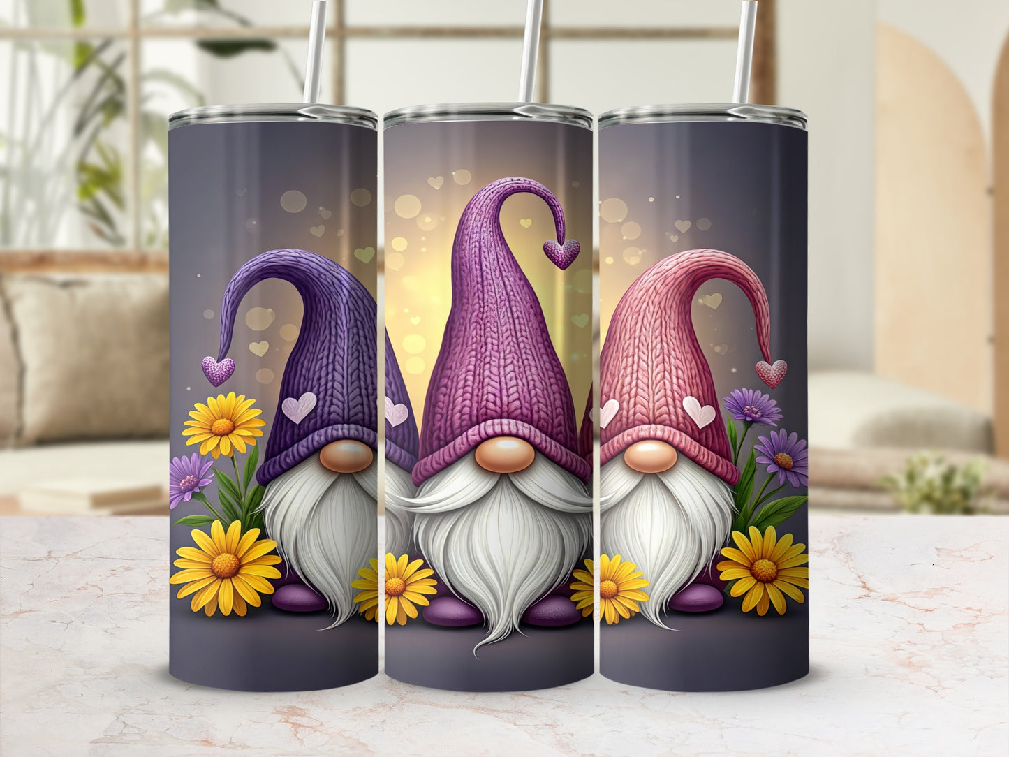Three gnomes in purple hats with hearts, surrounded by yellow flowers.