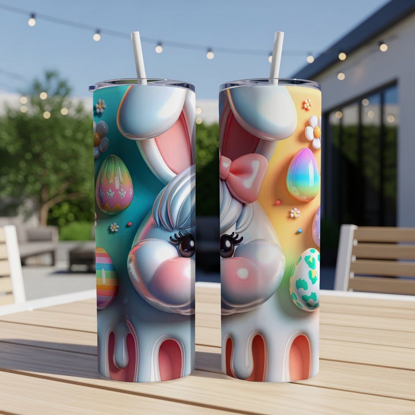 Two Easter bunny tumblers with colorful Easter eggs and pastel backgrounds.