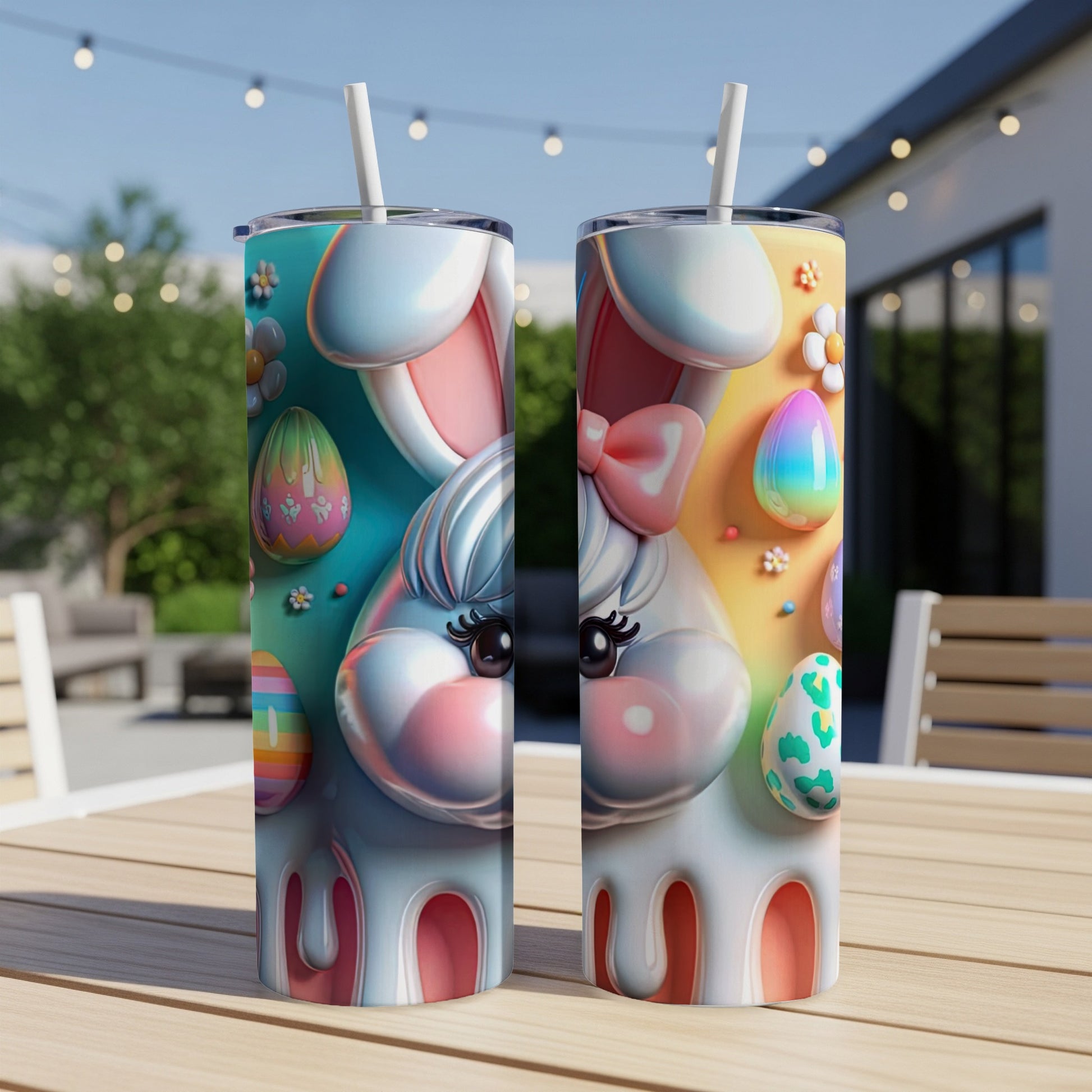Two Easter bunny tumblers with colorful Easter eggs and pastel backgrounds.