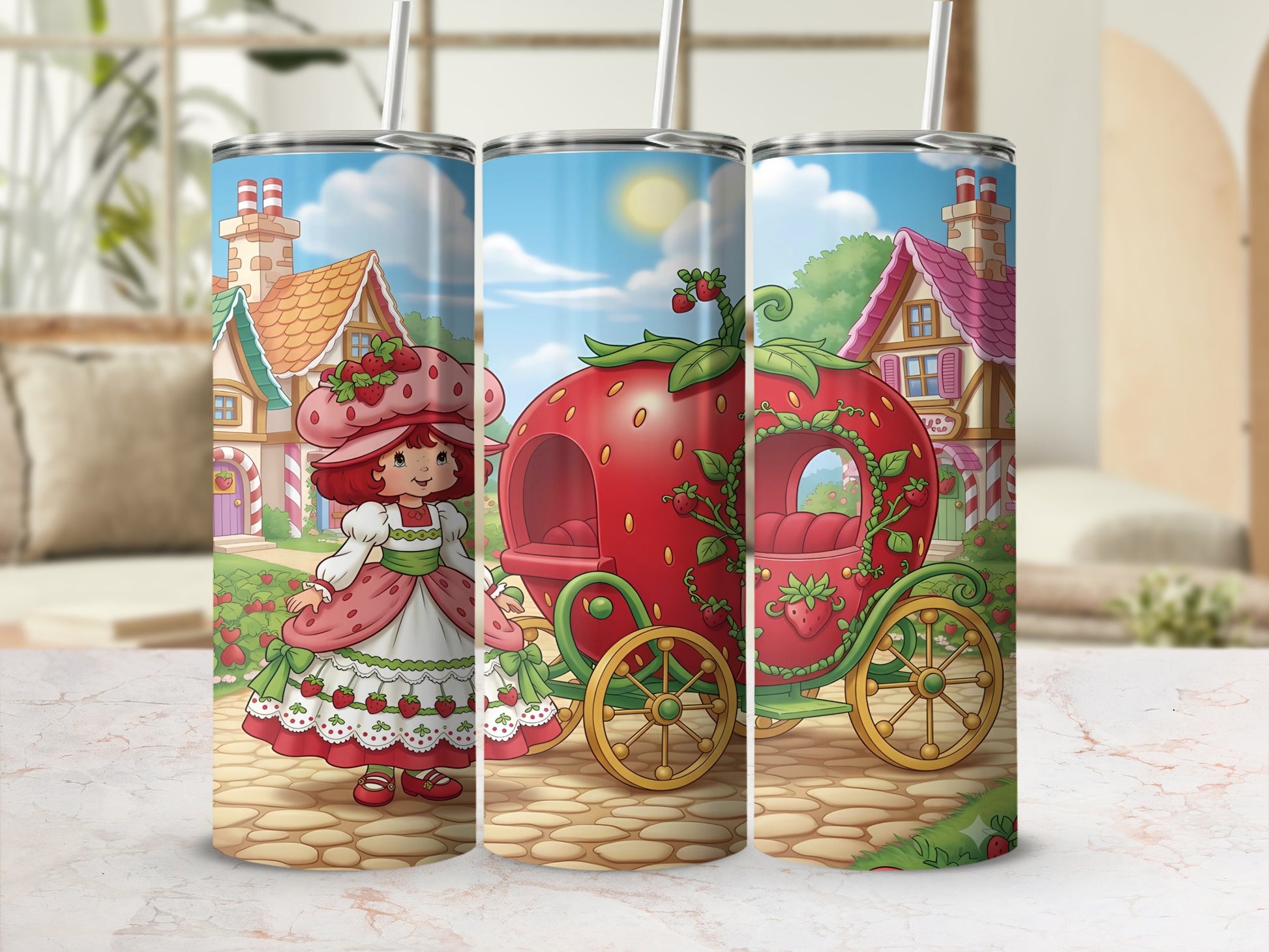 Strawberry Shortcake character beside a strawberry carriage in a village.