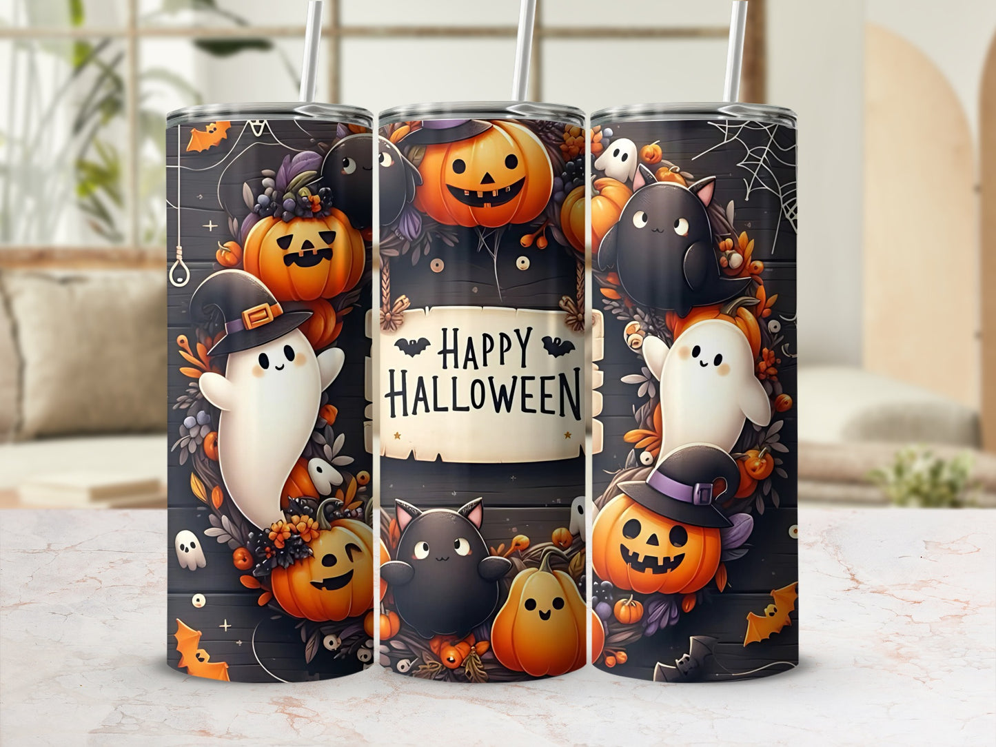 Happy Halloween Pumpkin Ghost and Cat Tumbler