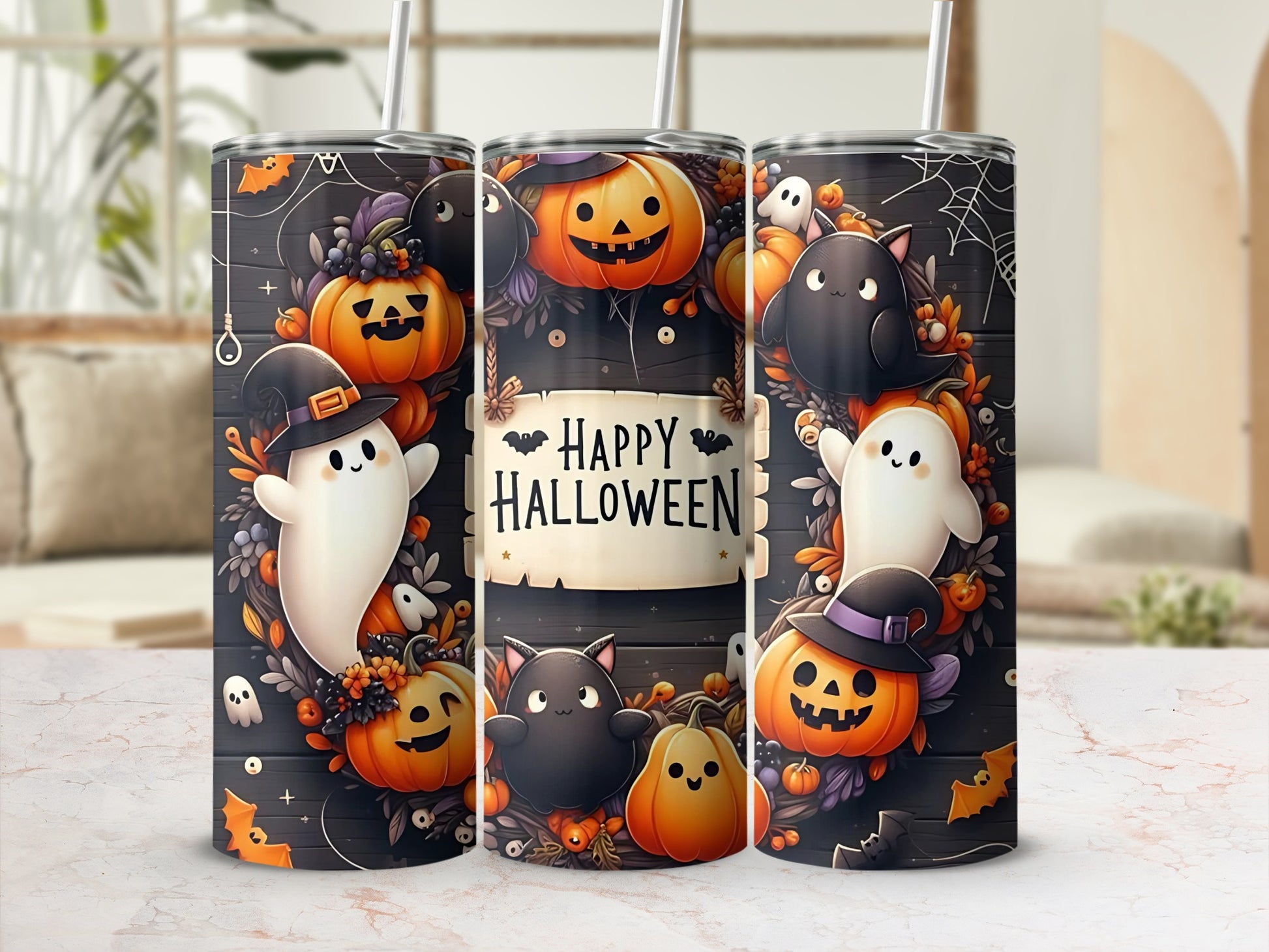 Happy Halloween Pumpkin Ghost and Cat Tumbler