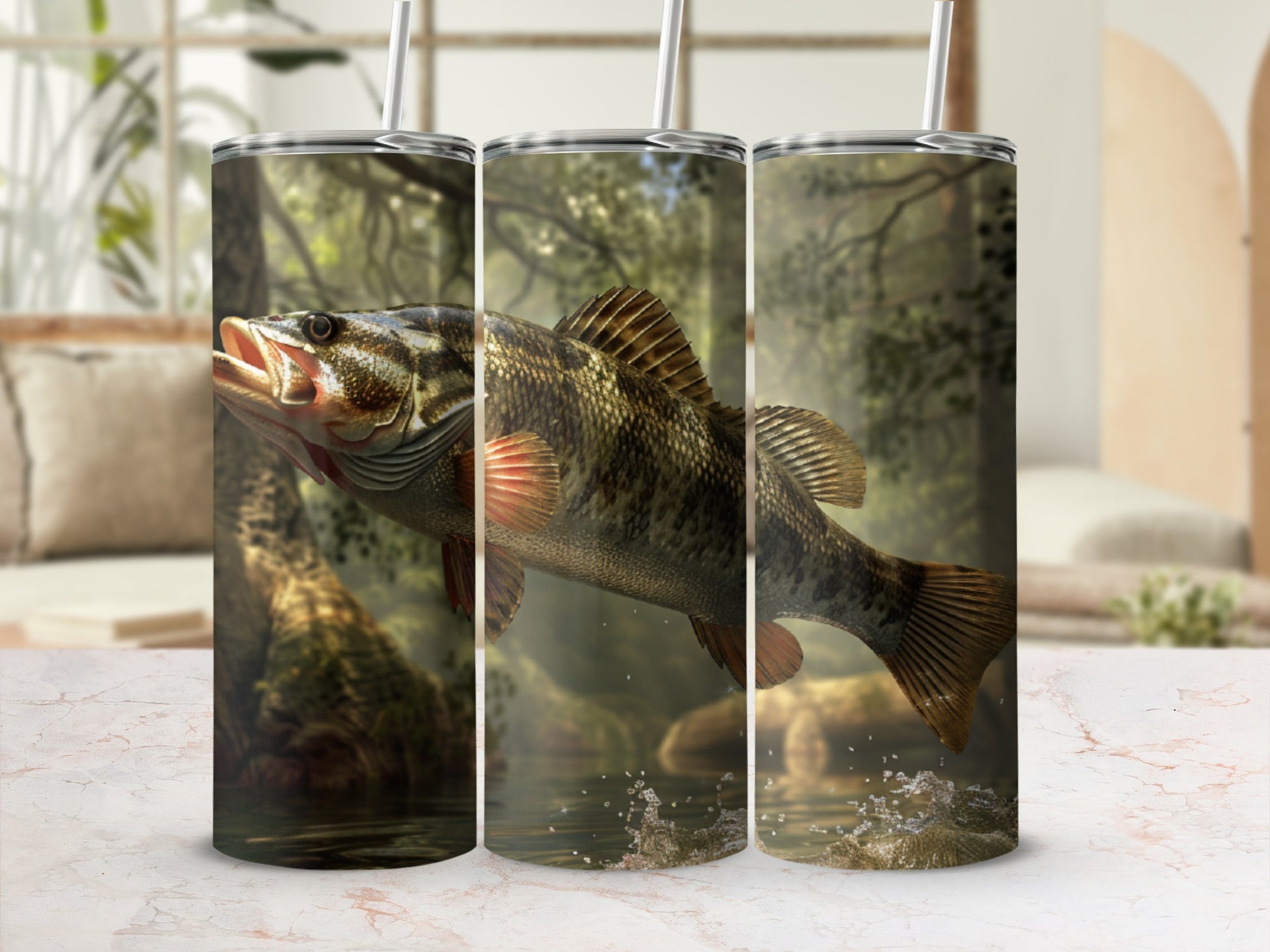 Largemouth bass leaps from water with trees and branches in background.