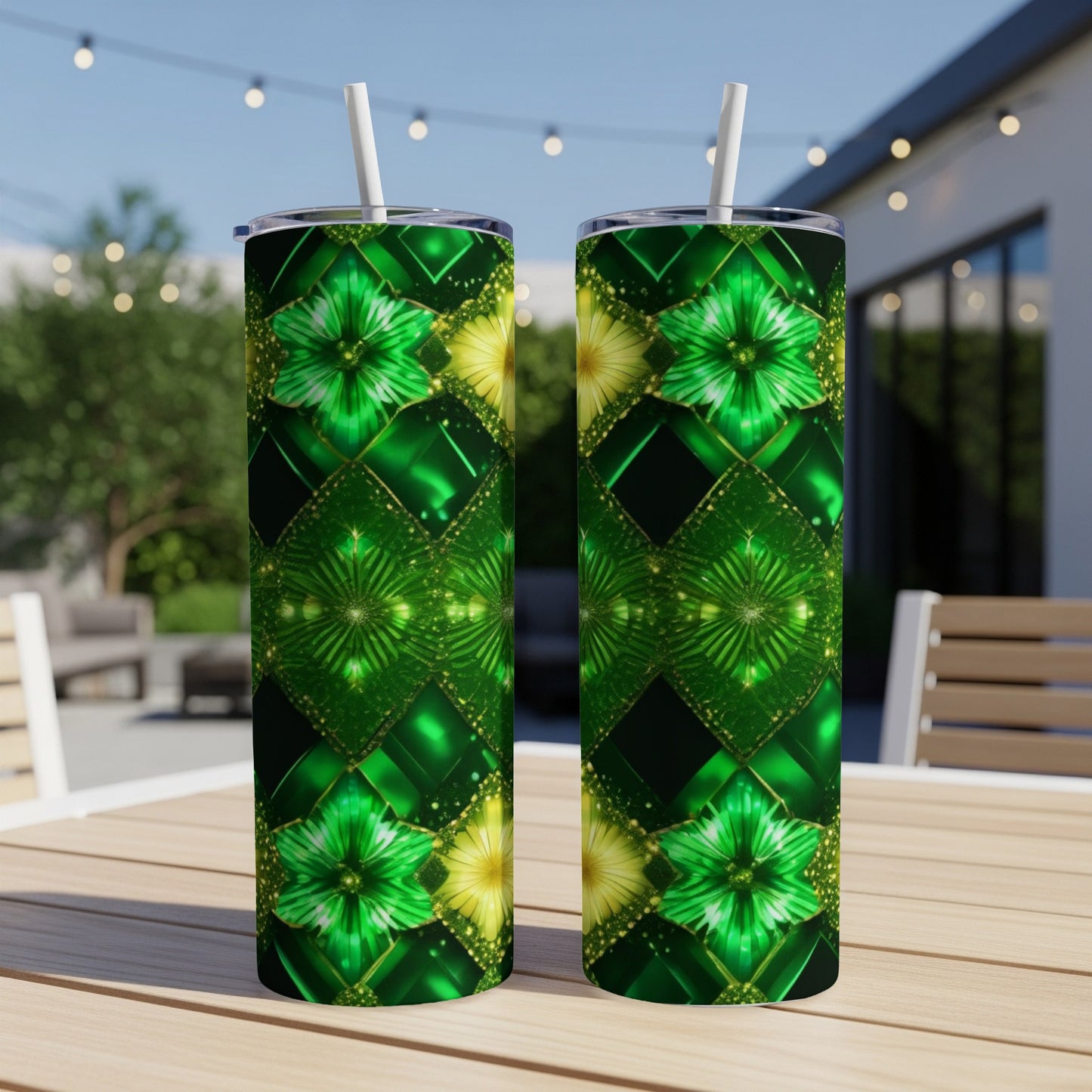 Two green tumblers with a geometric floral pattern, resting on a wooden table.