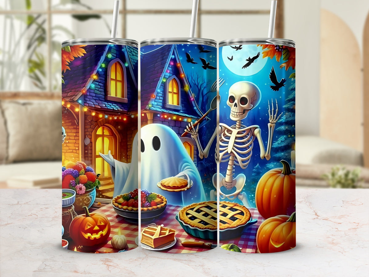 Halloween tumblers featuring a ghost, skeleton, pies, pumpkins, and a haunted house.