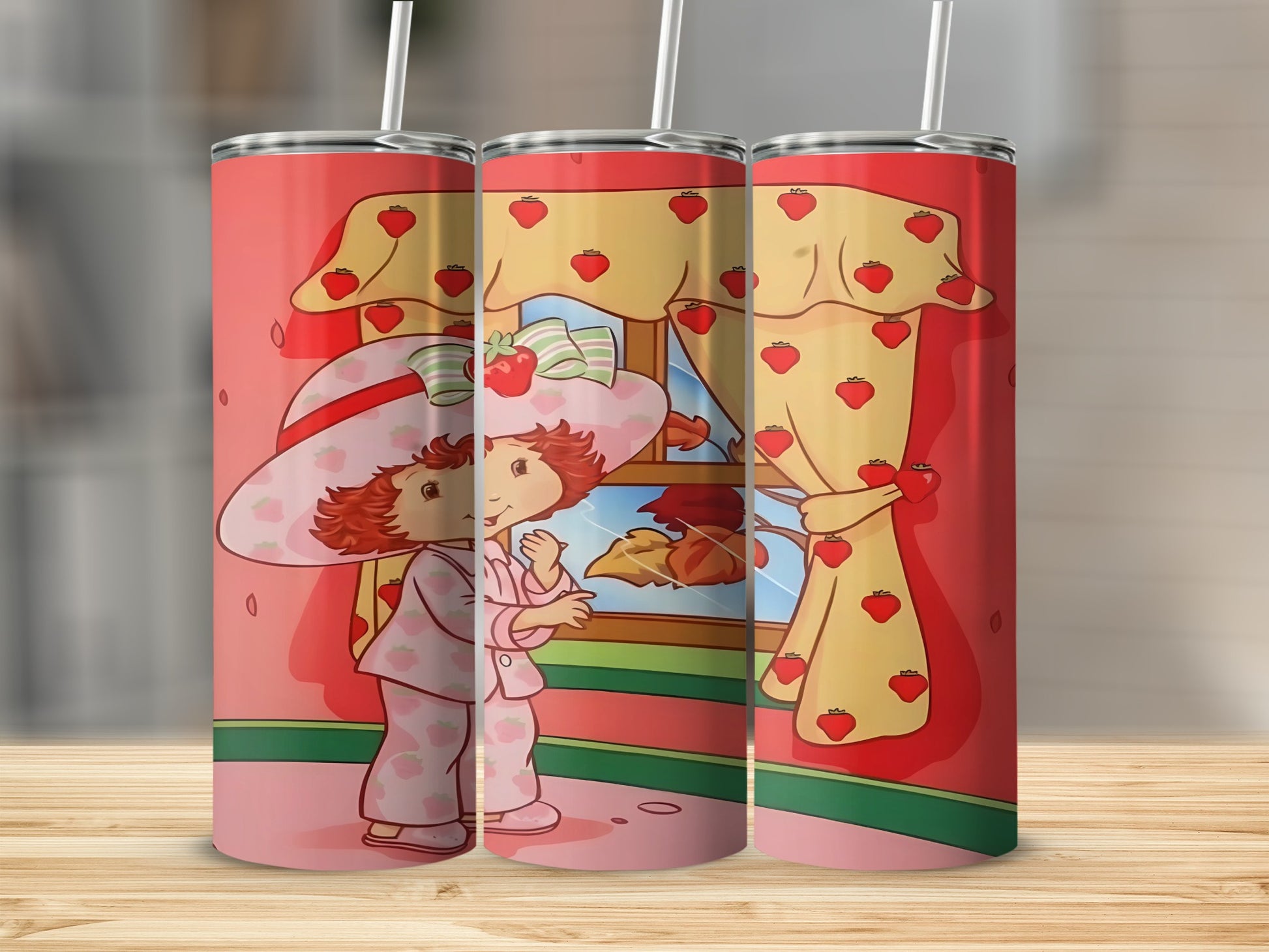 Strawberry Shortcake in pajamas and hat by a window.