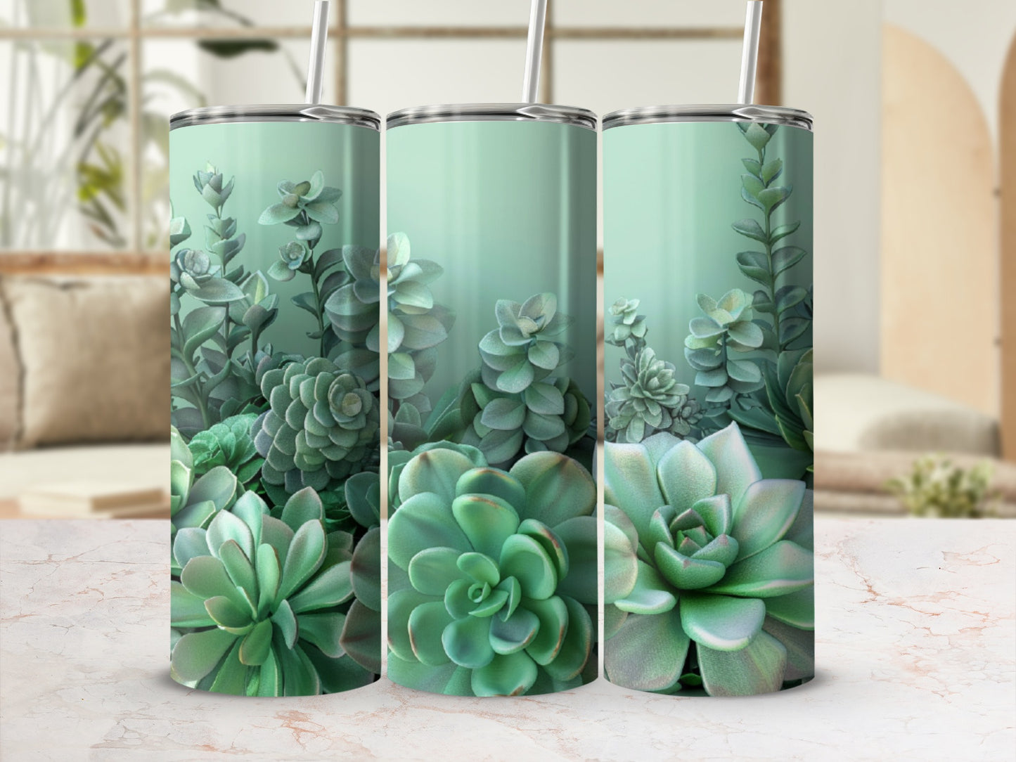 Three tall tumblers with a muted green succulent plant pattern.
