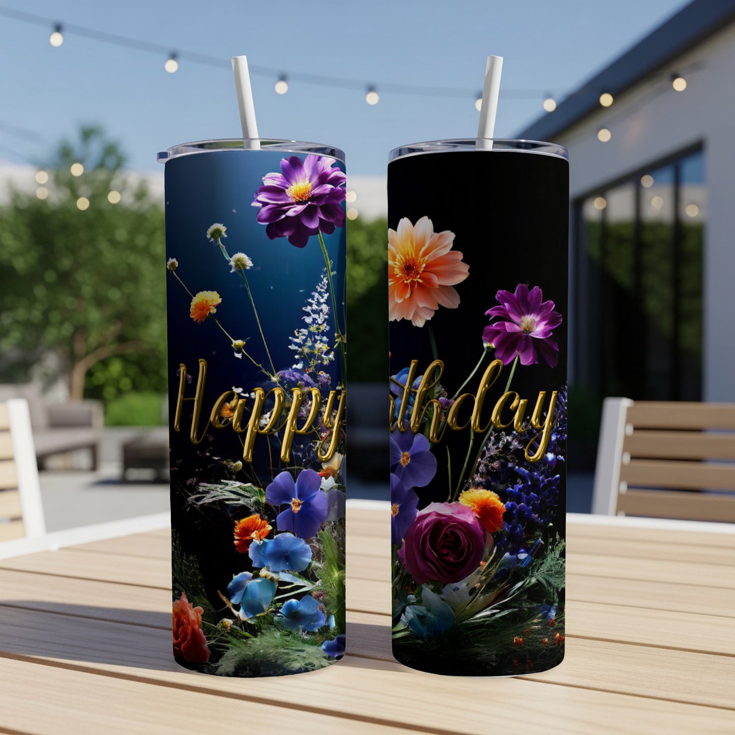Two tumblers with floral designs and "Happy Birthday" text.