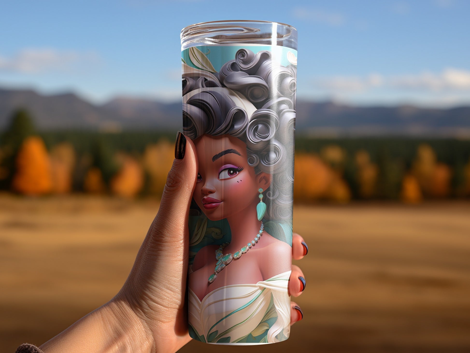 Elegant Woman Art Travel Tumbler with Colorful Background