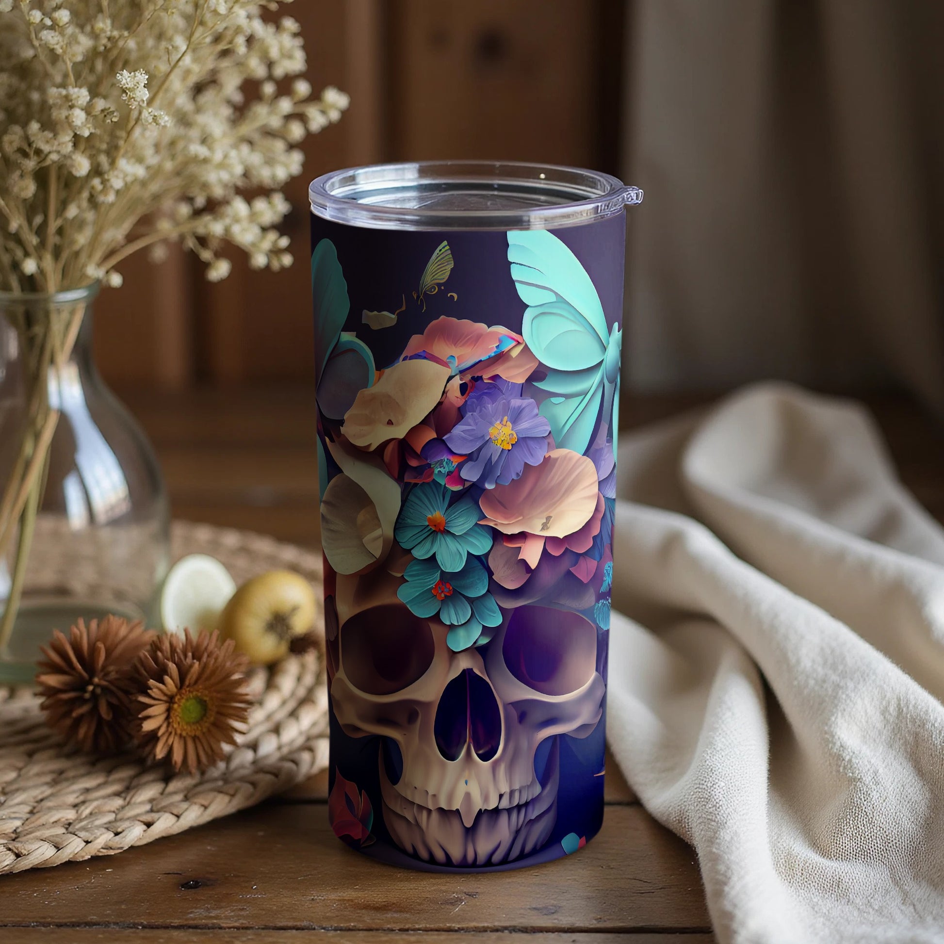 Skull and Floral Design Beverage Tumbler