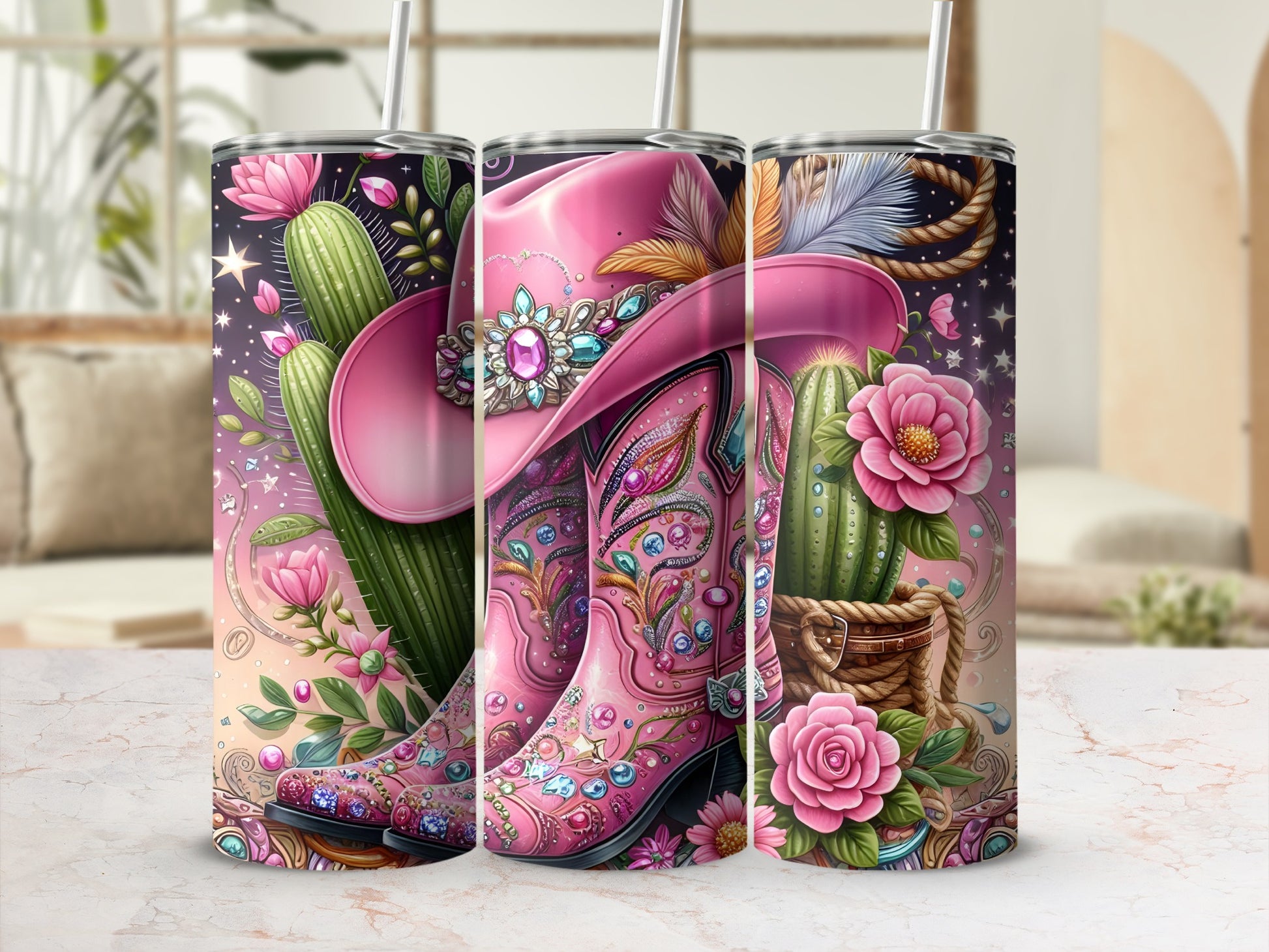 Pink cowboy boots with cactus and floral pattern on a tumbler.