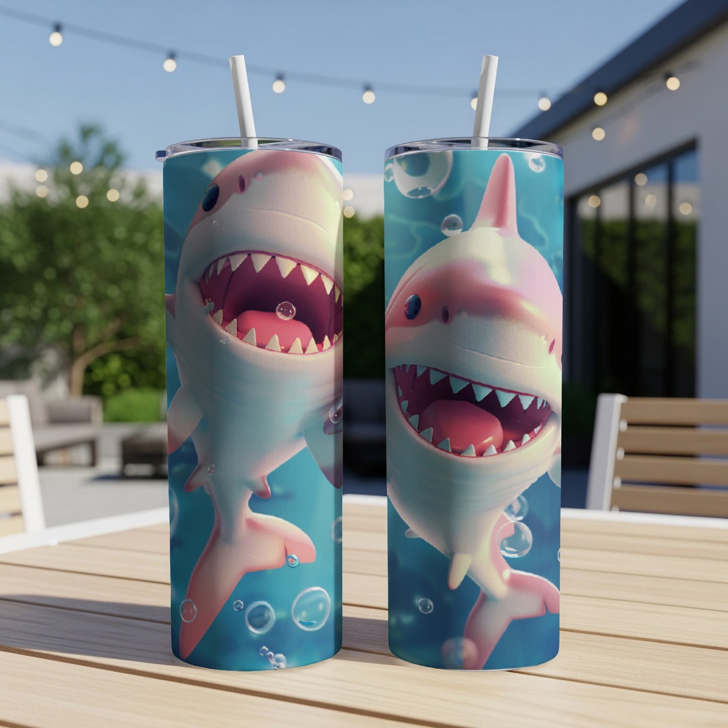 Two cartoon sharks with open mouths and straws on a cylindrical tumbler.